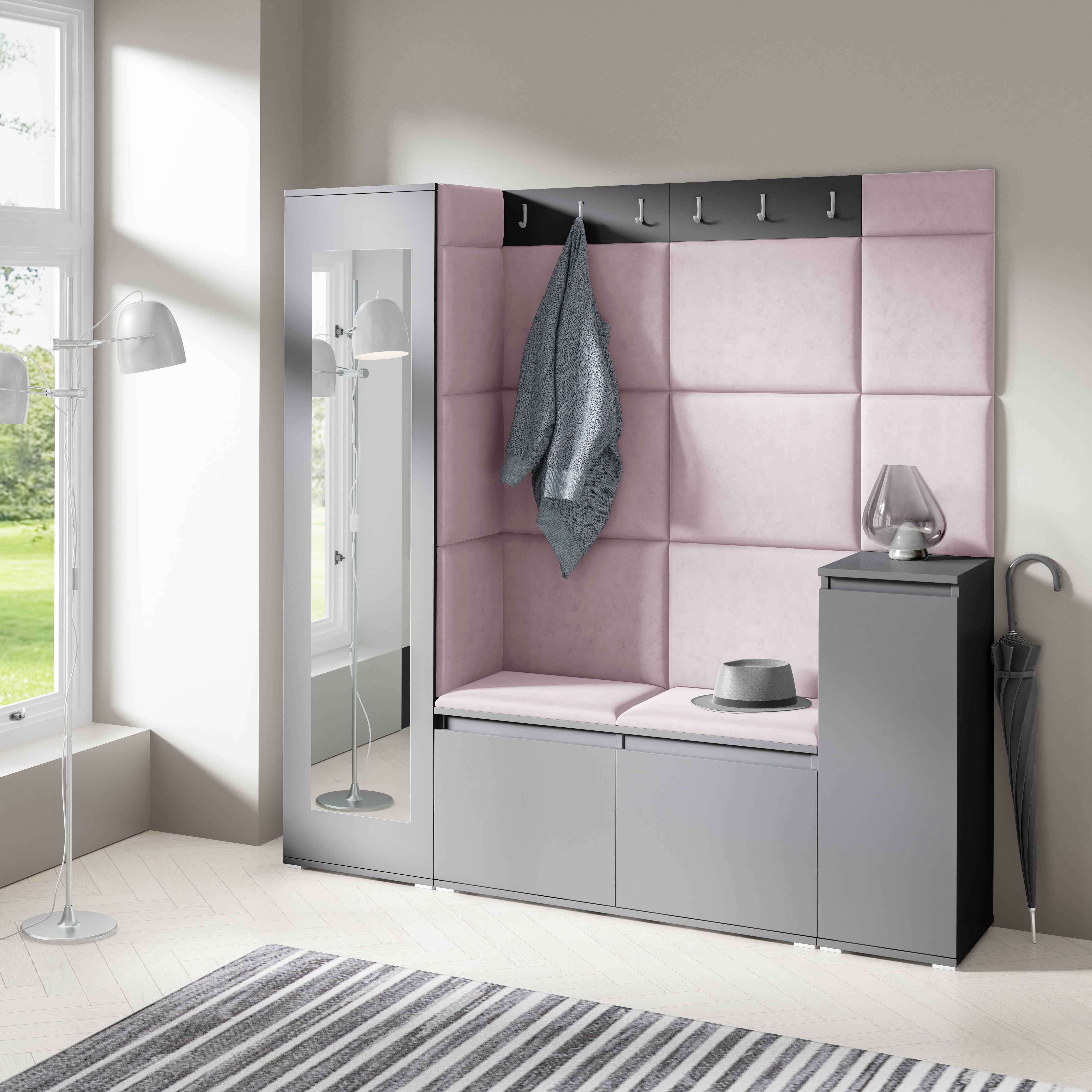 PK Emi 28 Hallway Wardrobe Graphite - Upholstered Panels in Various Colours