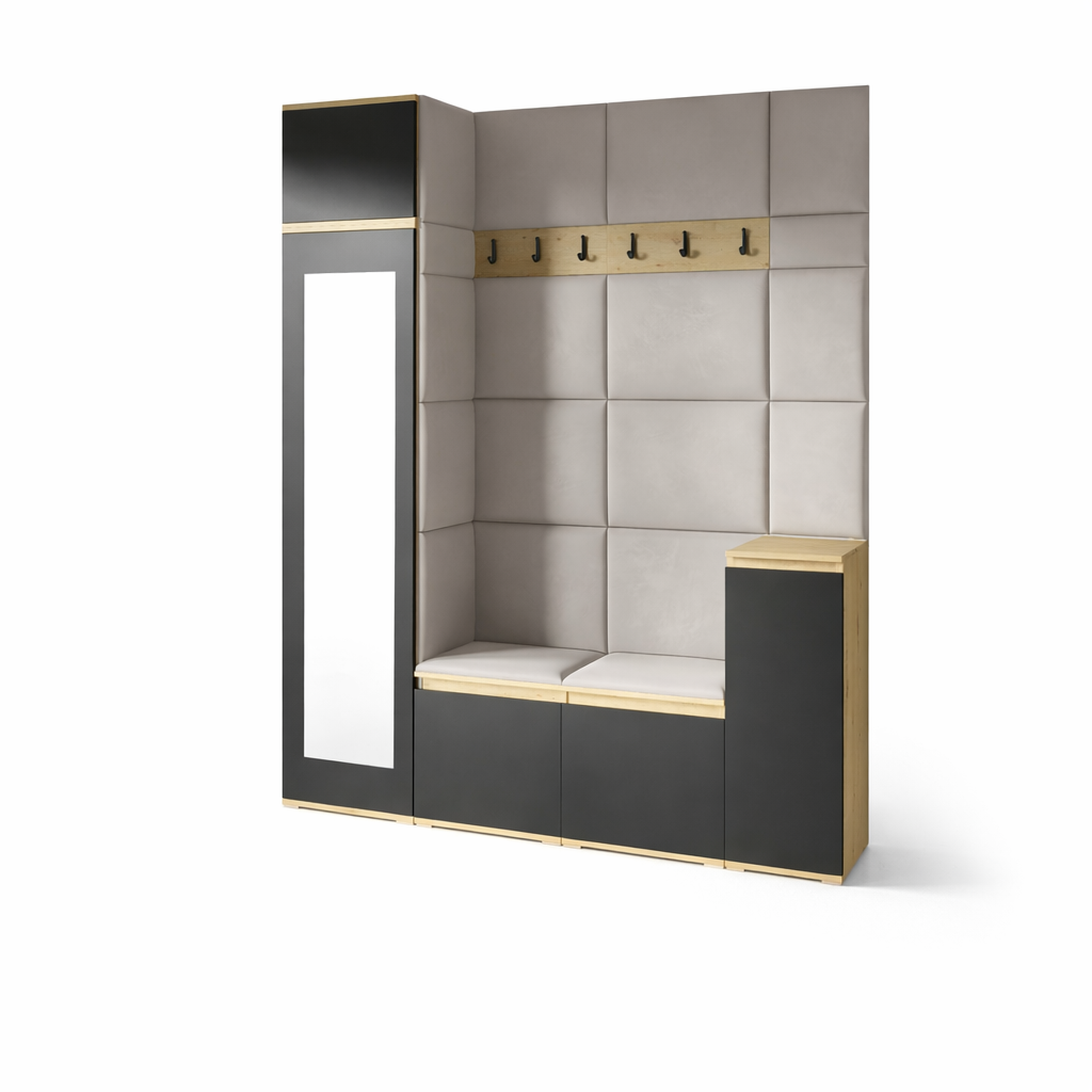 PK Emi 29 Hallway Wardrobe Aristan Oak/Black - Upholstered Panels in Various Colours