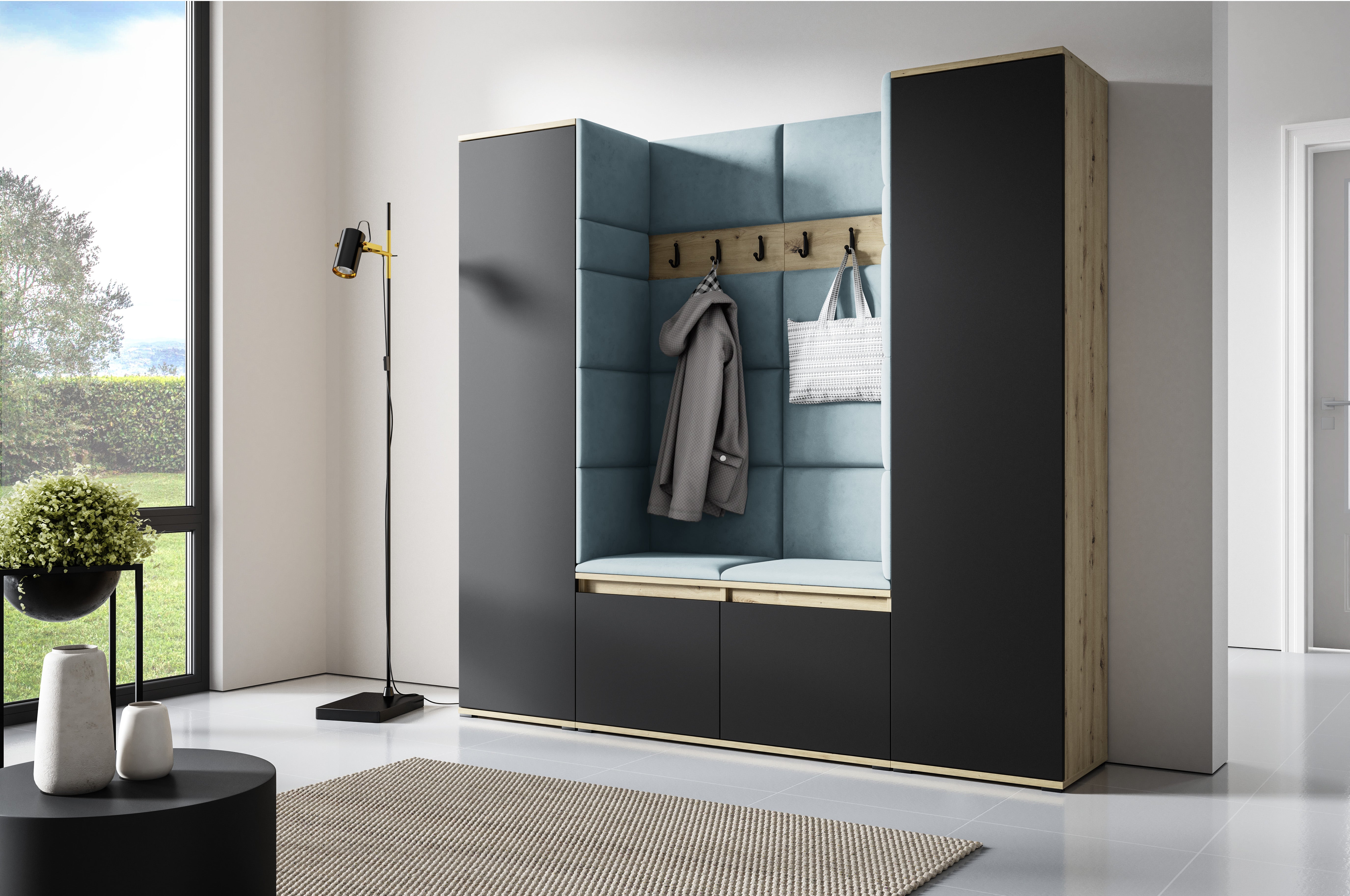 PK Emi 31 Flurschrank Aristan Eiche/Schwarz - Gepolsterte Paneele in verschiedenen Farben