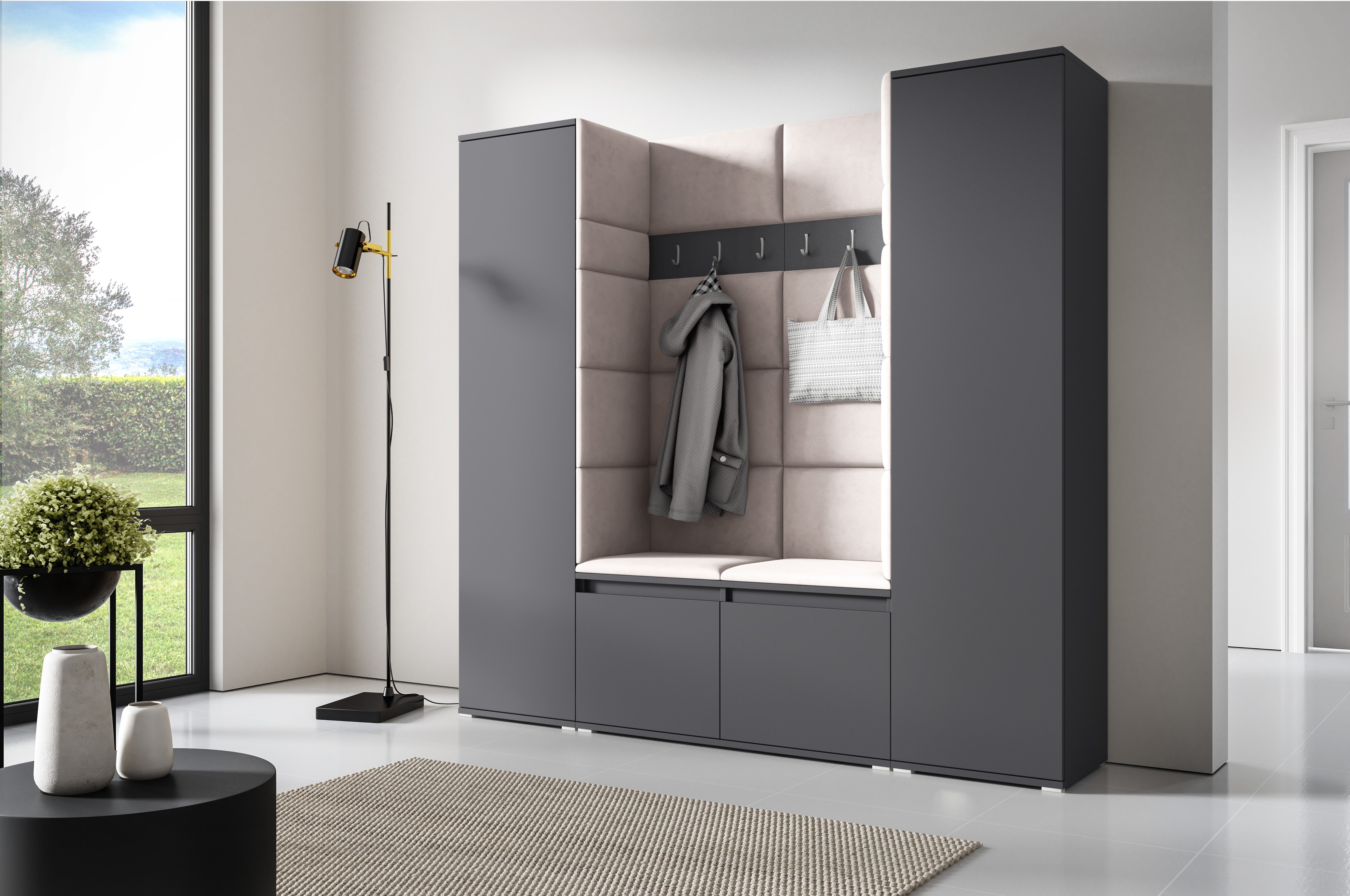 PK Emi 31 Hallway Wardrobe Graphite - Upholstered Panels in Various Colours