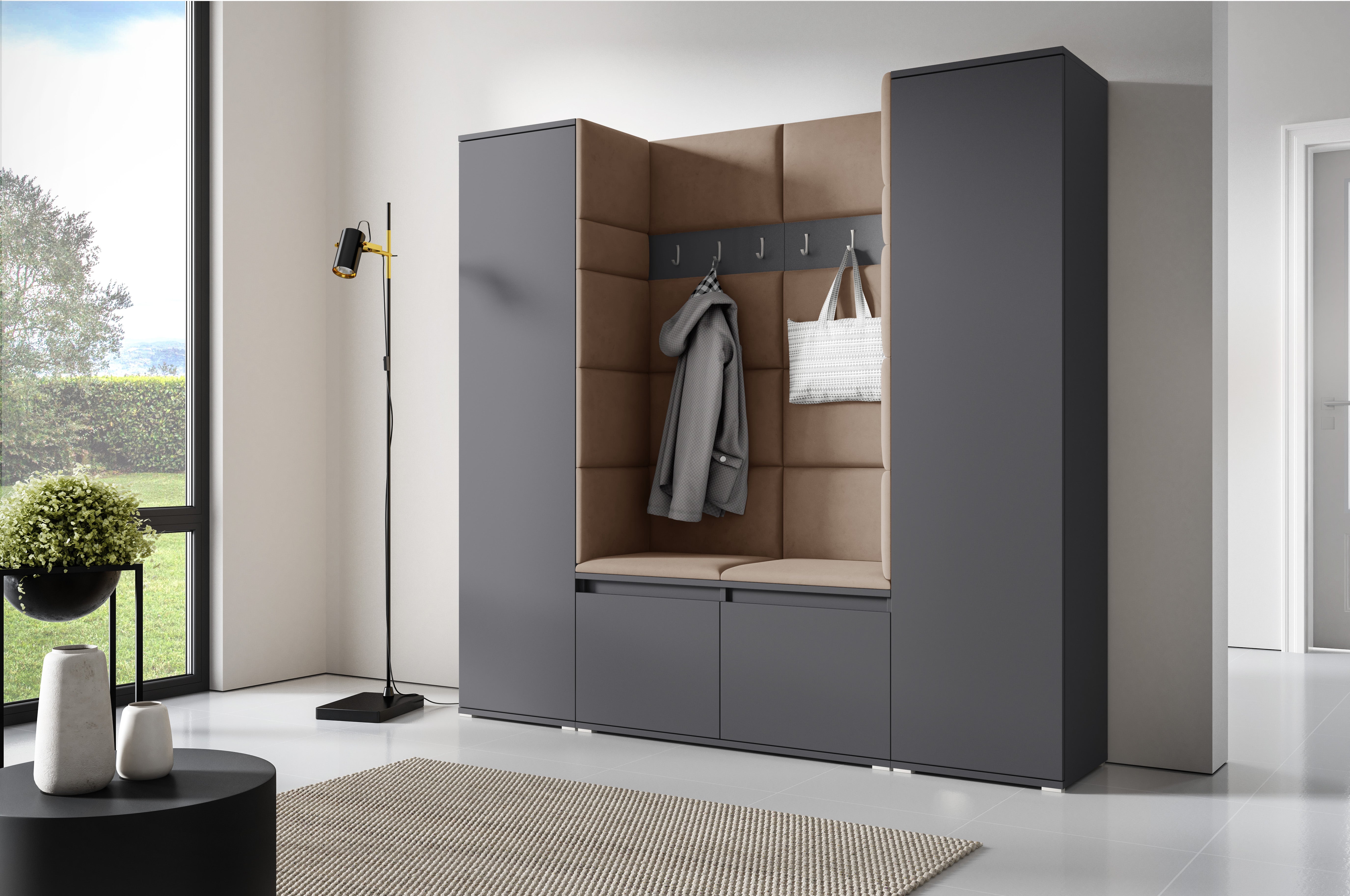 PK Emi 31 Hallway Wardrobe Graphite - Upholstered Panels in Various Colours