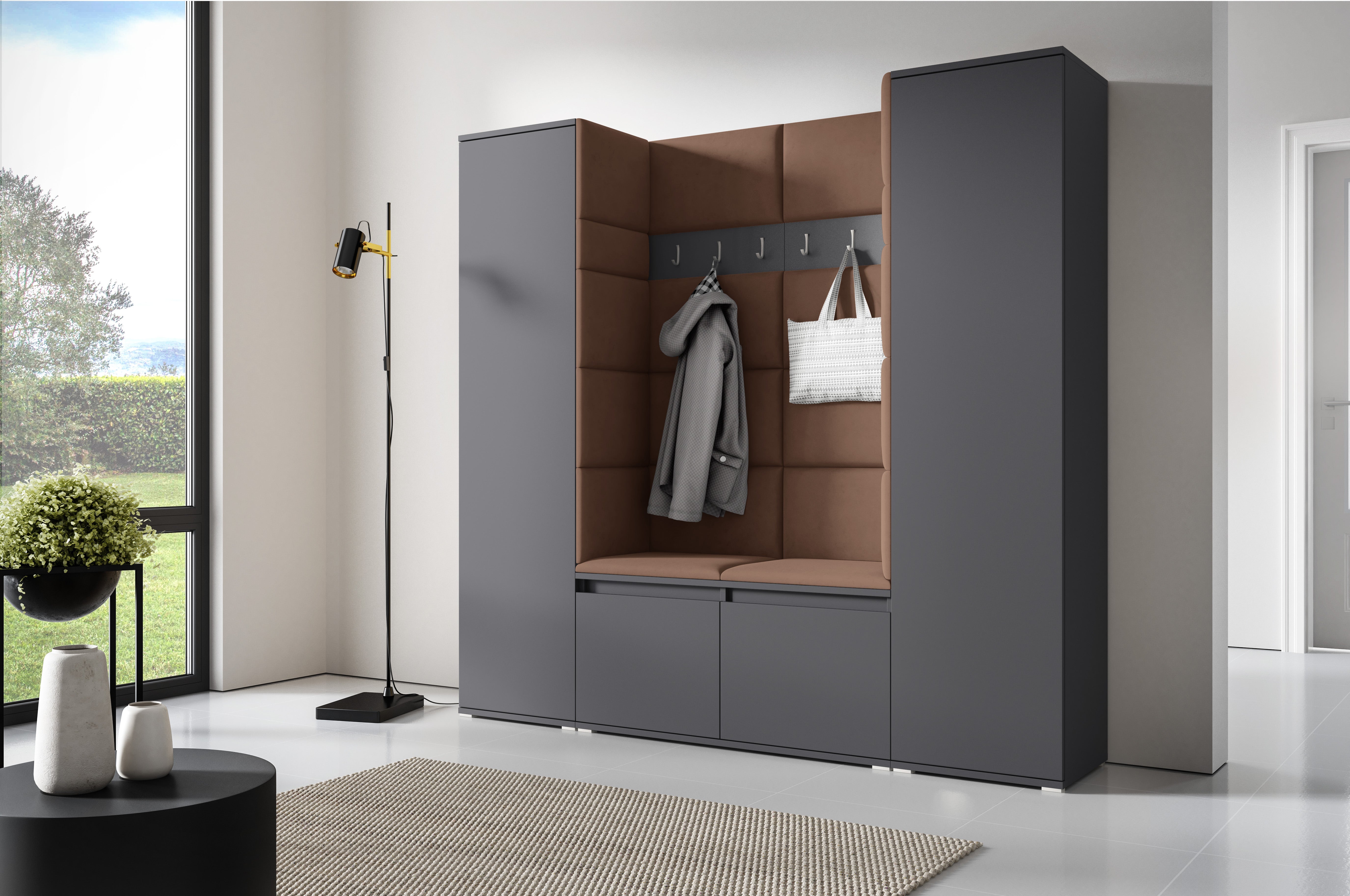 PK Emi 31 Hallway Wardrobe Graphite - Upholstered Panels in Various Colours