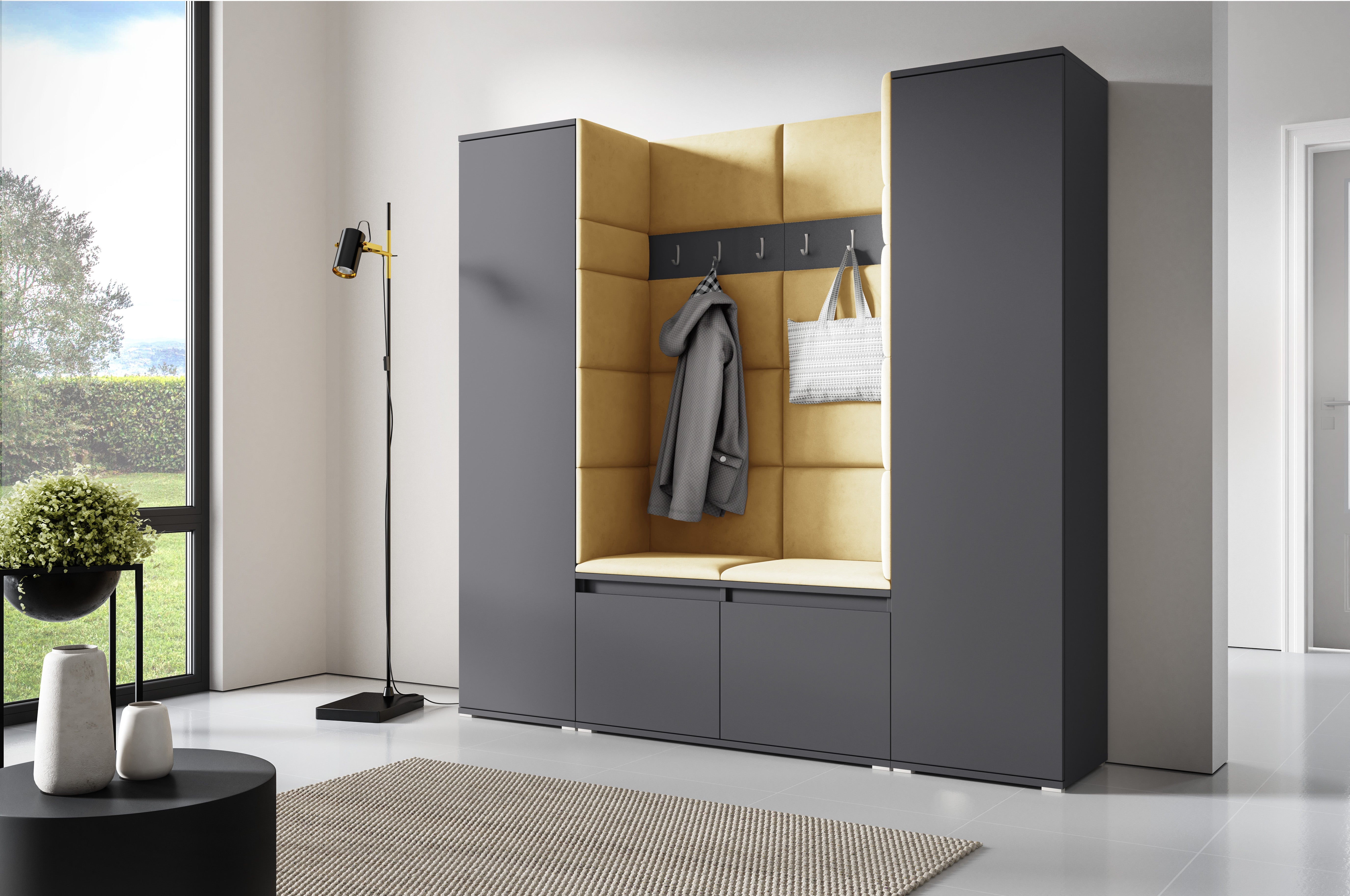 PK Emi 31 Hallway Wardrobe Graphite - Upholstered Panels in Various Colours