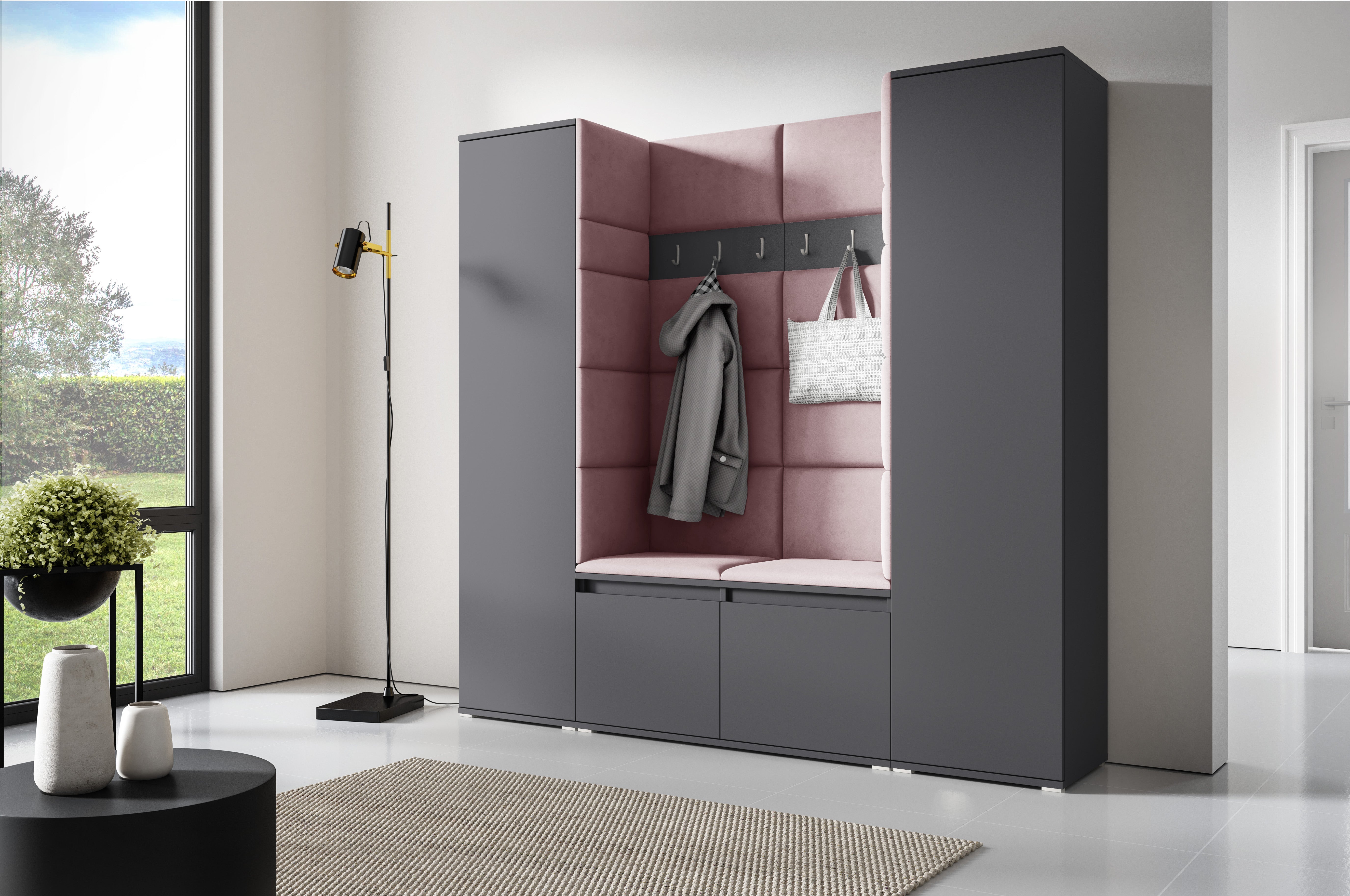 PK Emi 31 Hallway Wardrobe Graphite - Upholstered Panels in Various Colours