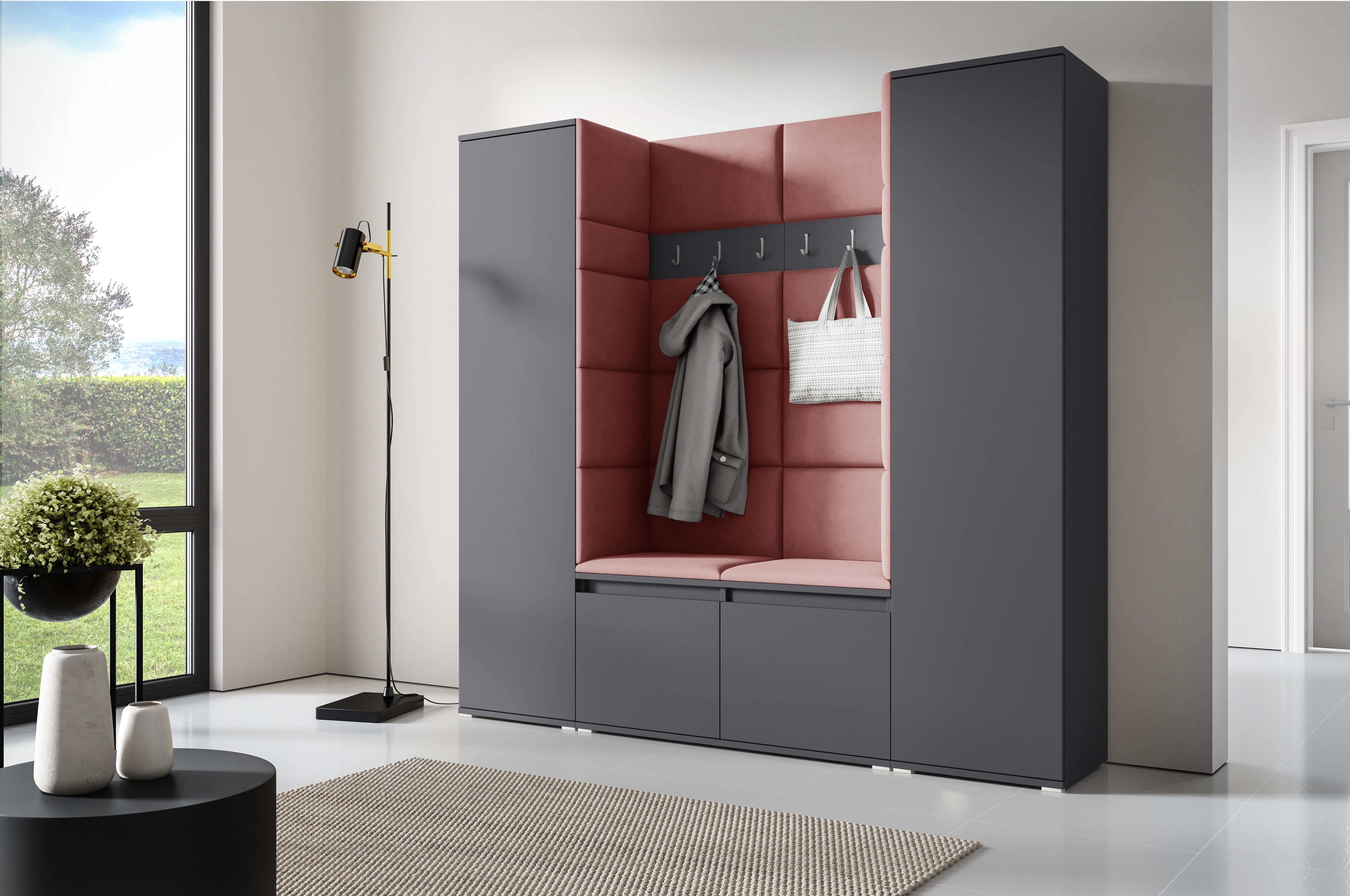 PK Emi 31 Hallway Wardrobe Graphite - Upholstered Panels in Various Colours