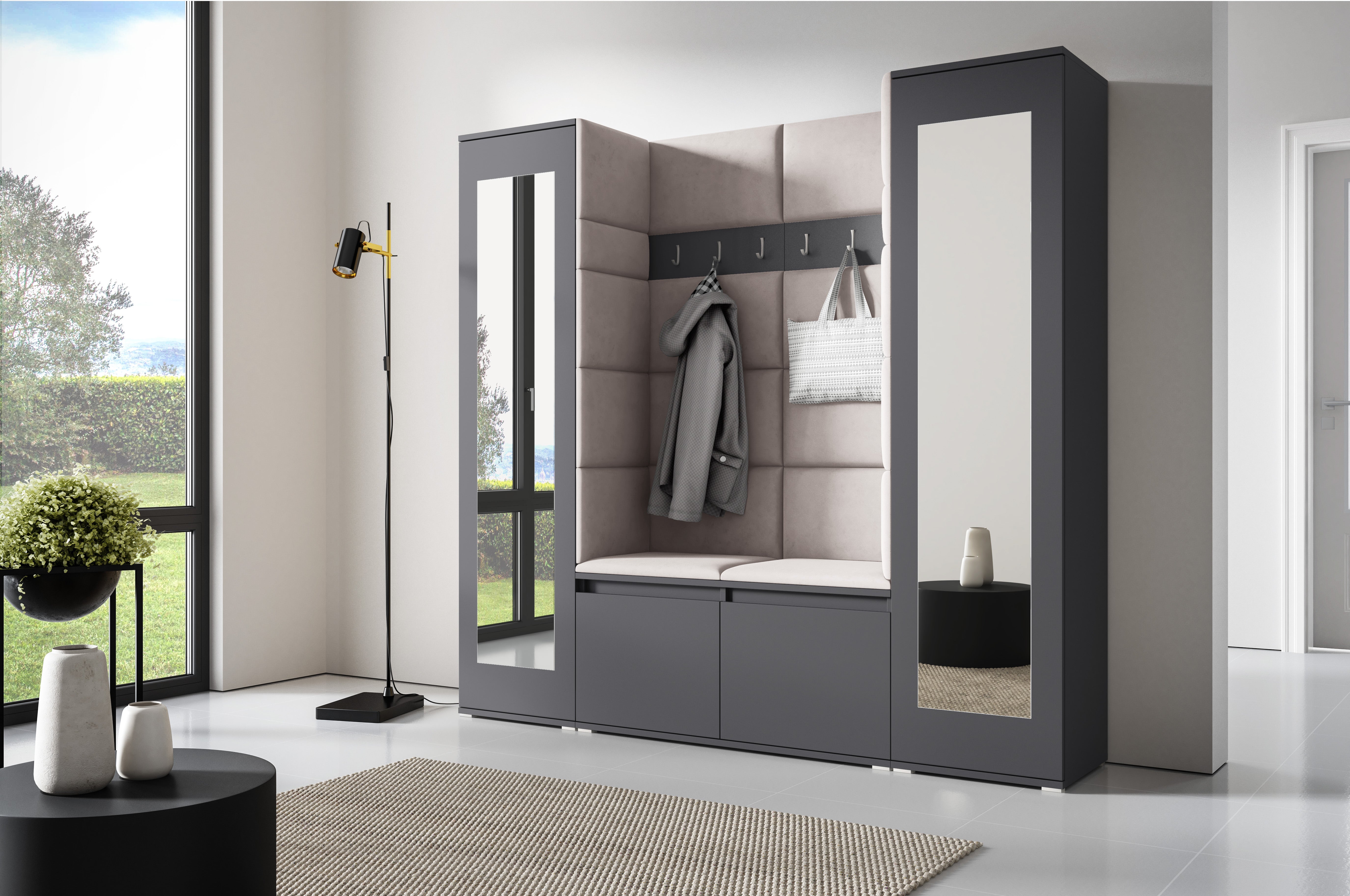 PK Emi 31 Hallway Wardrobe Graphite - Upholstered Panels in Various Colours