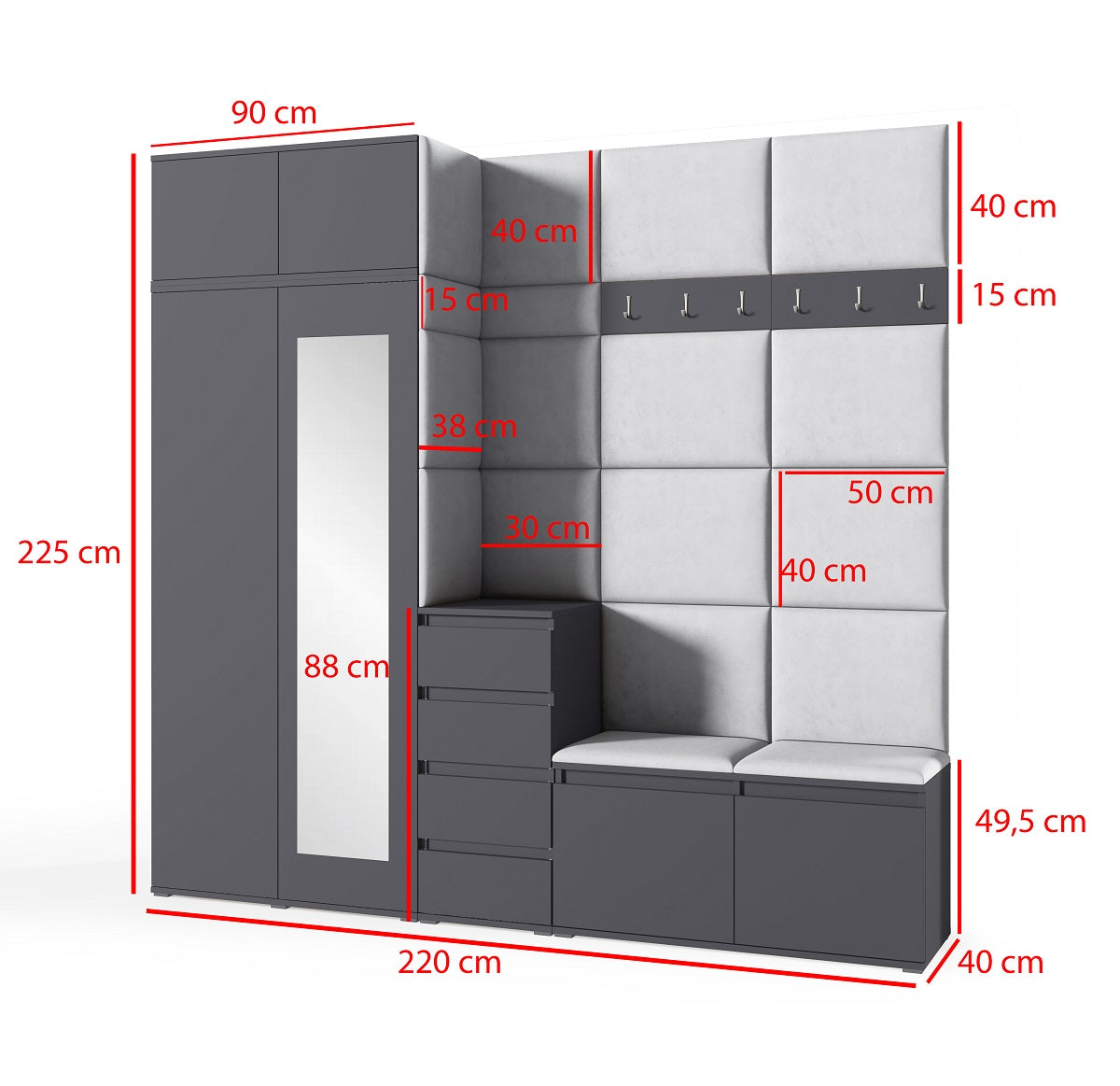 PK Emi 33 Hallway Wardrobe Graphite - Upholstered Panels in Various Colours