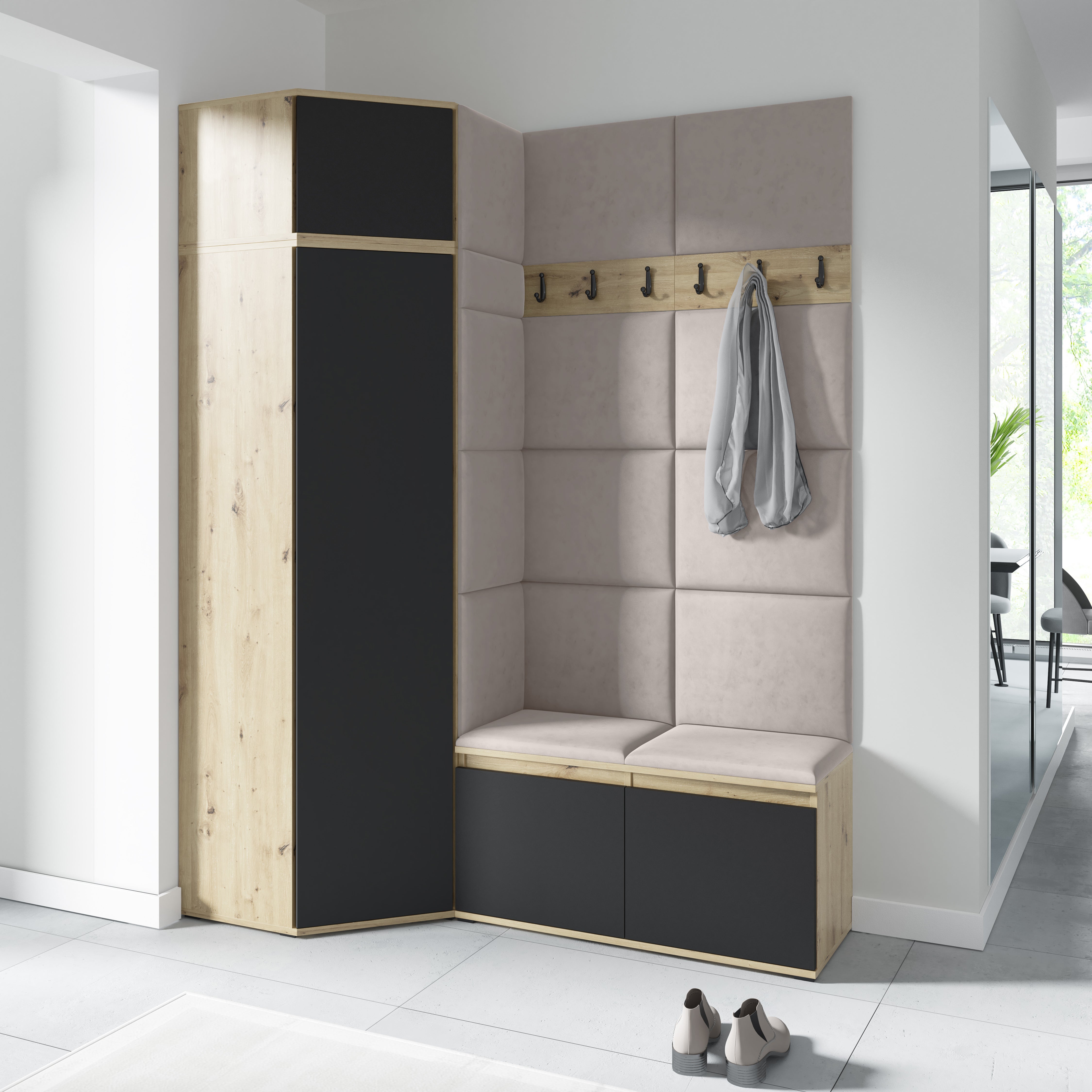 PK Emi 37 Hallway Wardrobe Aristan Oak\Black- Upholstered Panels in Various Colours