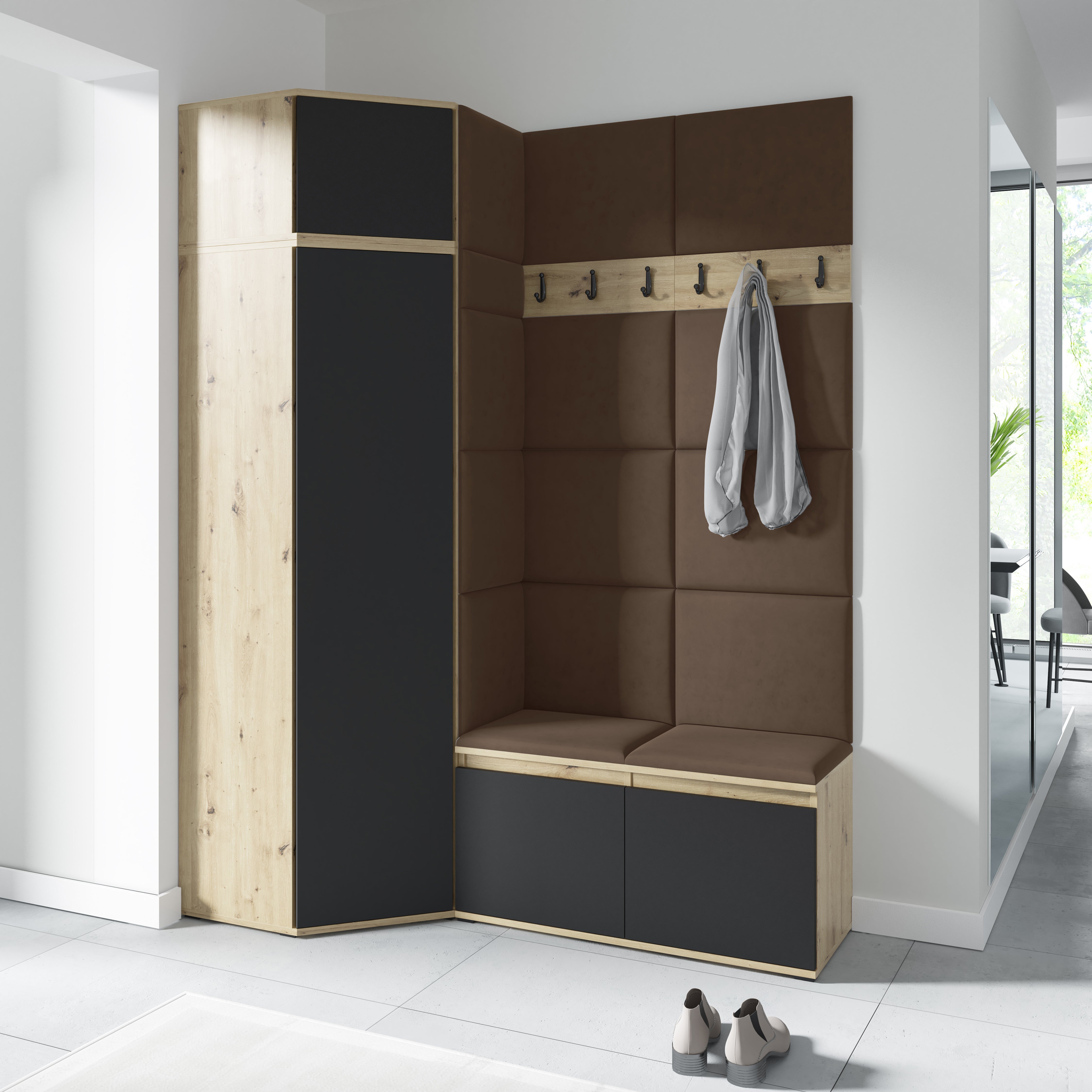 PK Emi 37 Hallway Wardrobe Aristan Oak\Black- Upholstered Panels in Various Colours