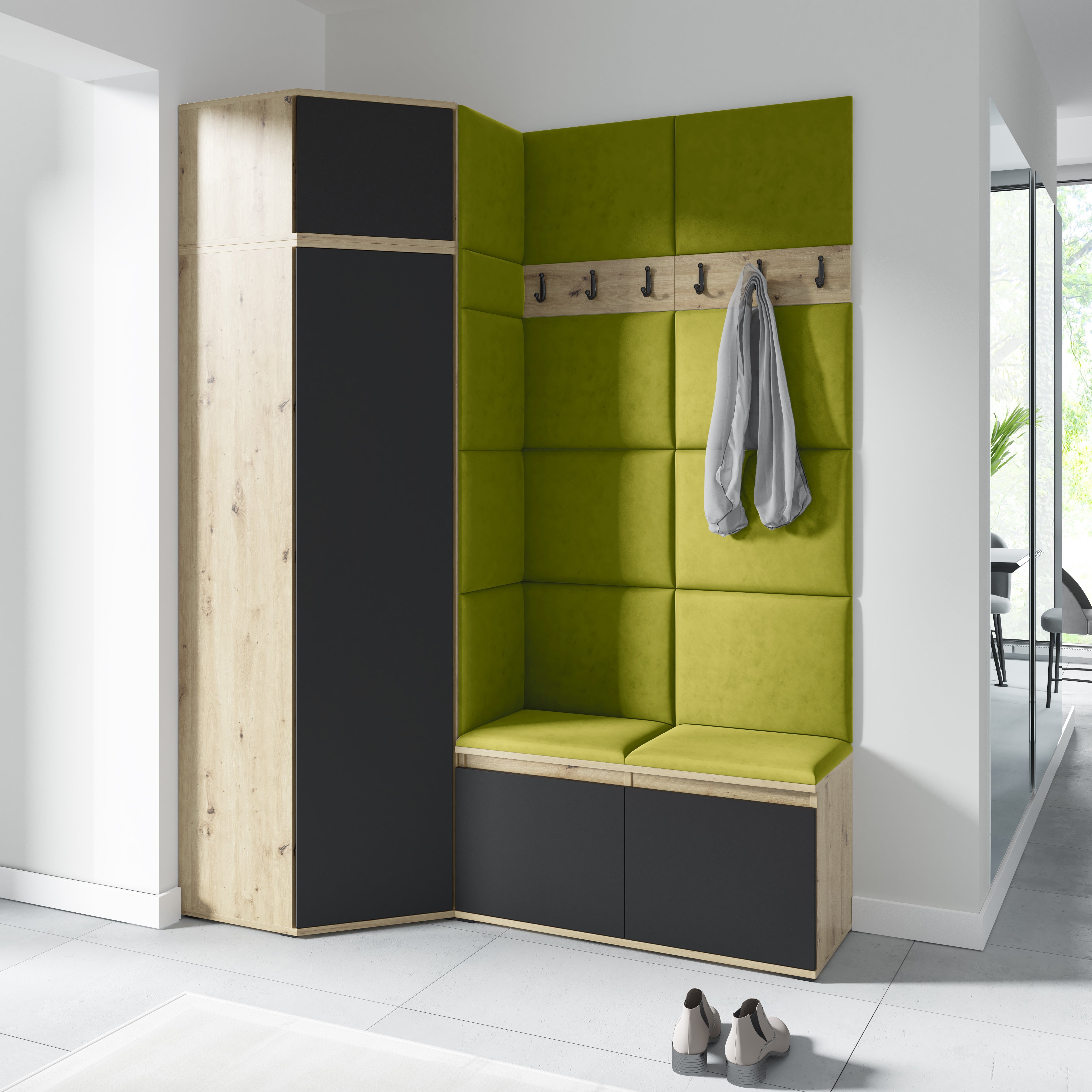 PK Emi 37 Hallway Wardrobe Aristan Oak\Black- Upholstered Panels in Various Colours