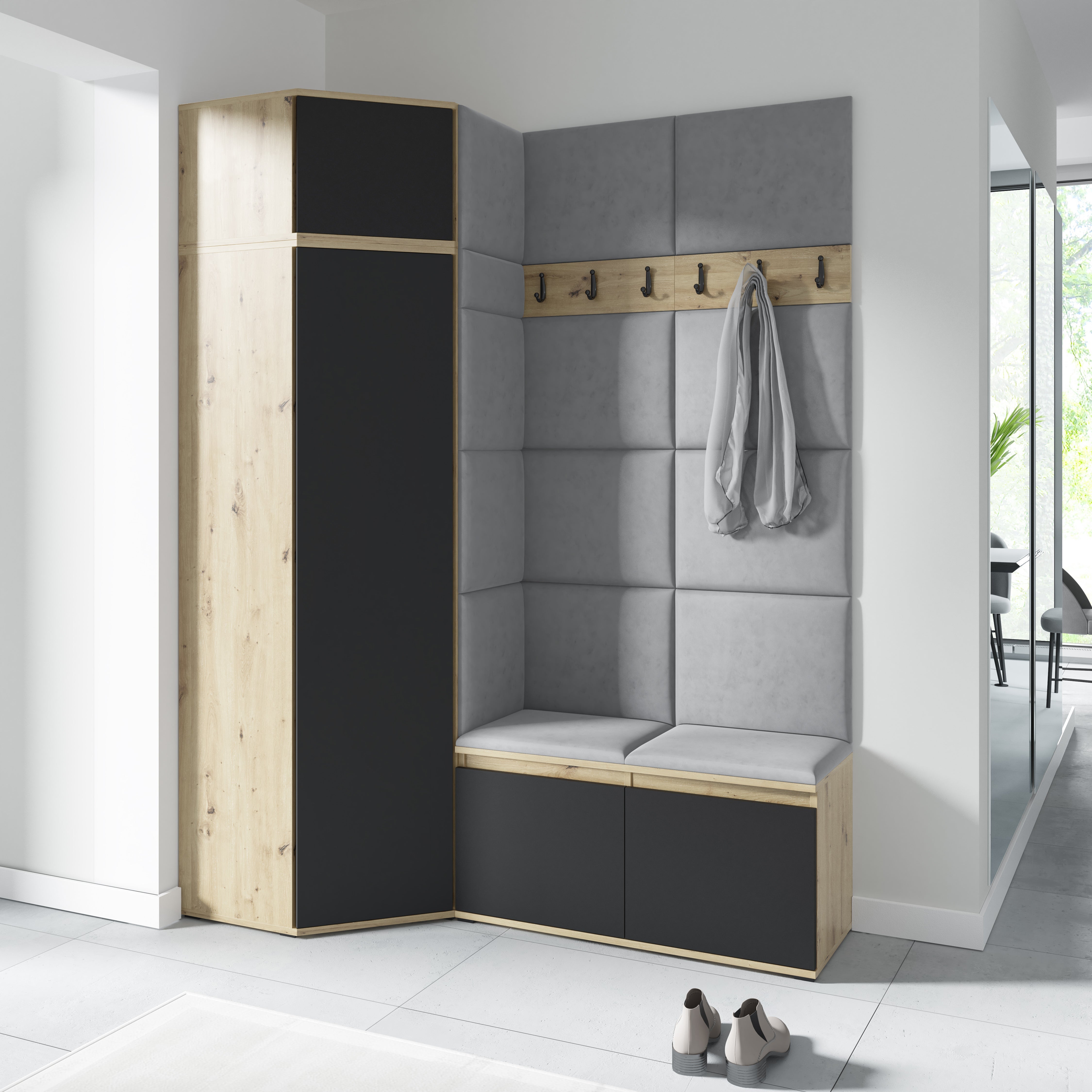 PK Emi 37 Hallway Wardrobe Aristan Oak\Black- Upholstered Panels in Various Colours
