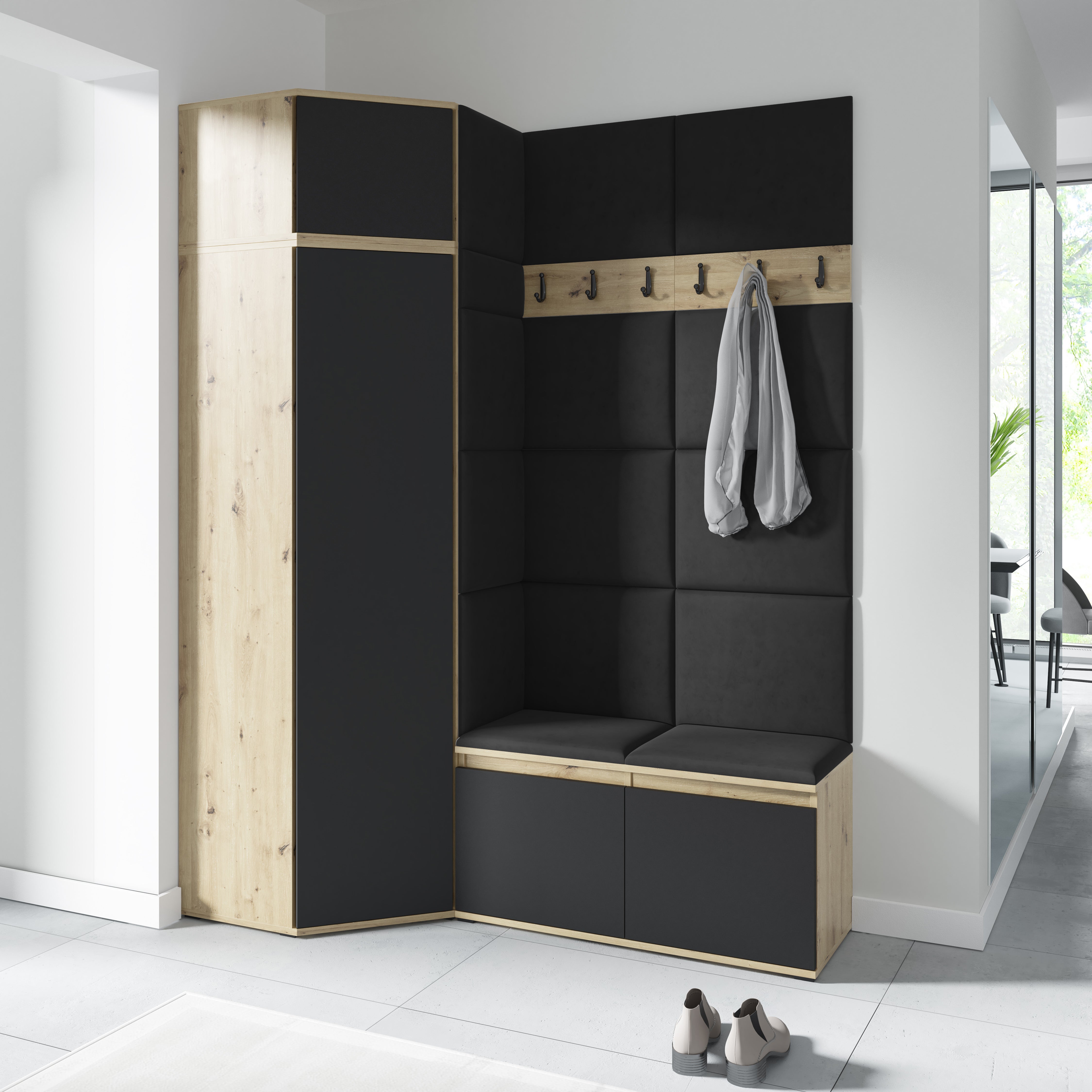 PK Emi 37 Hallway Wardrobe Aristan Oak\Black- Upholstered Panels in Various Colours
