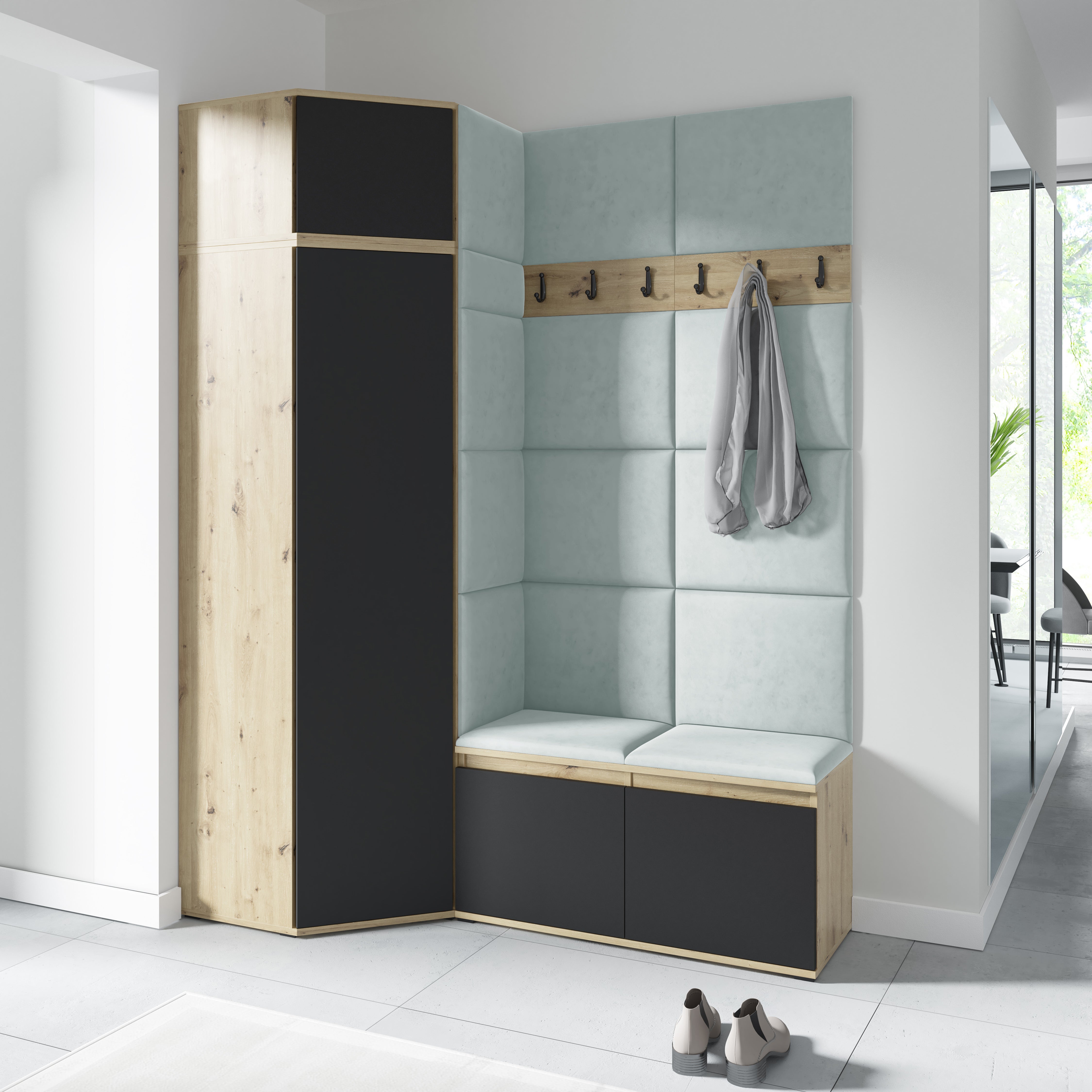 PK Emi 37 Hallway Wardrobe Aristan Oak\Black- Upholstered Panels in Various Colours