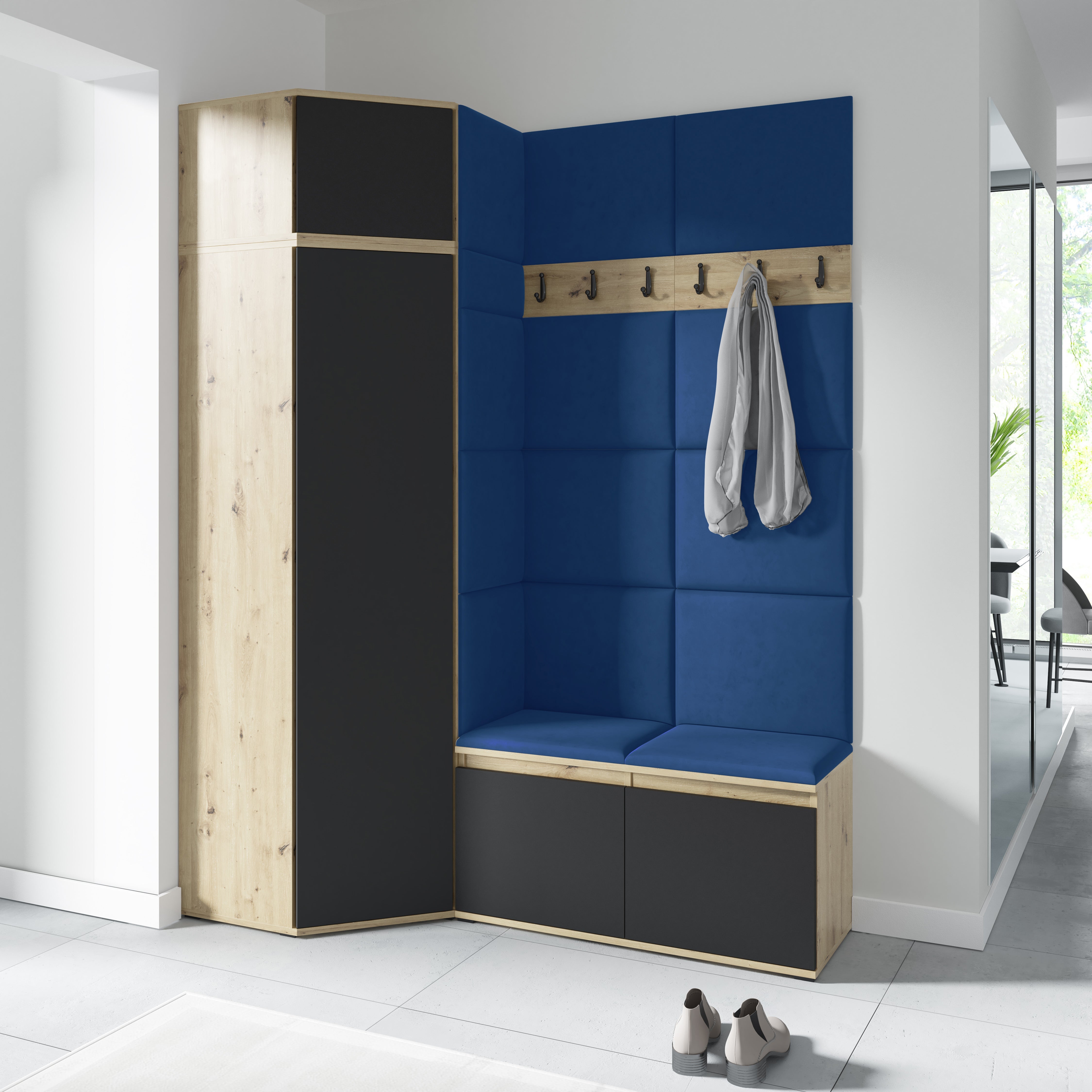 PK Emi 37 Hallway Wardrobe Aristan Oak\Black- Upholstered Panels in Various Colours