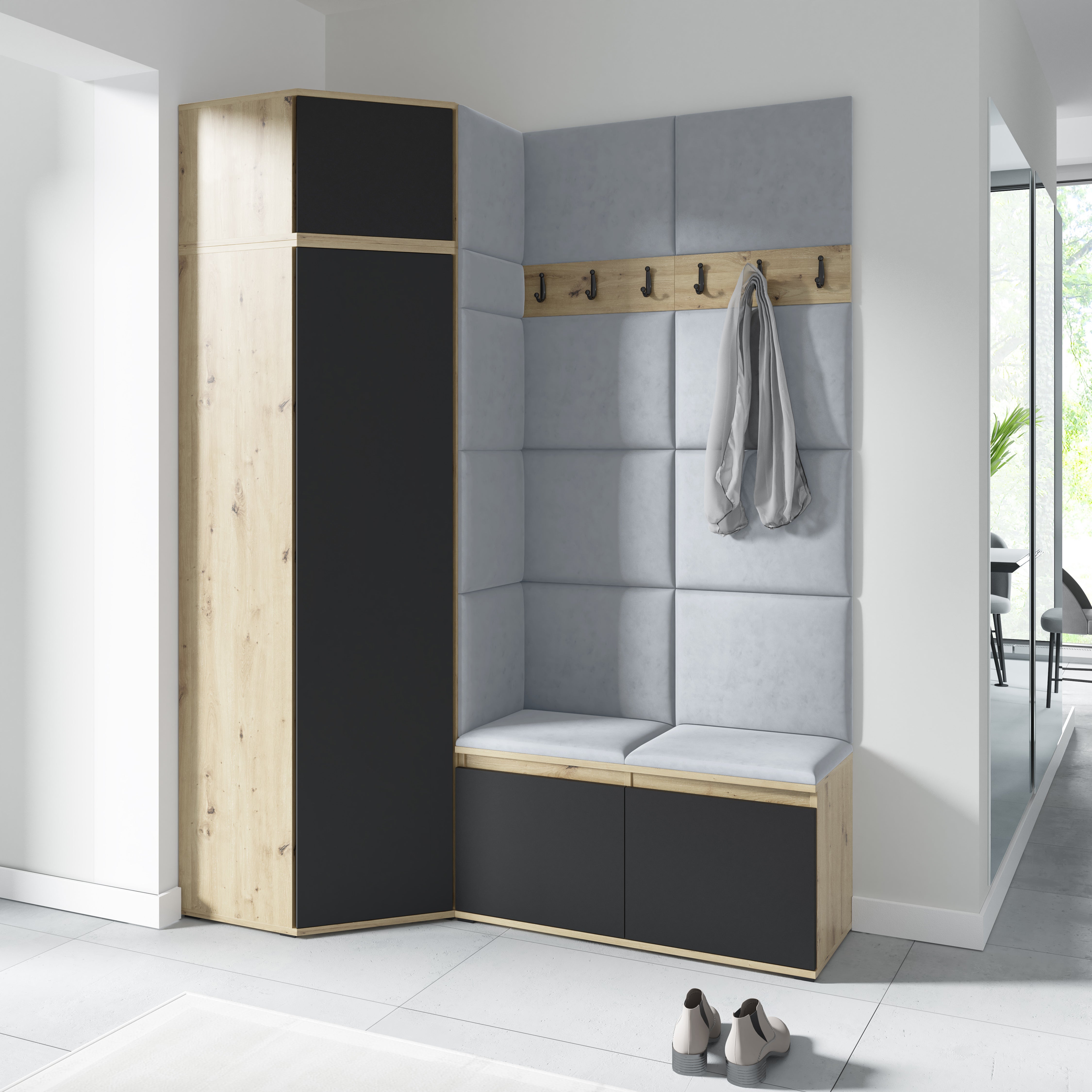 PK Emi 37 Hallway Wardrobe Aristan Oak\Black- Upholstered Panels in Various Colours