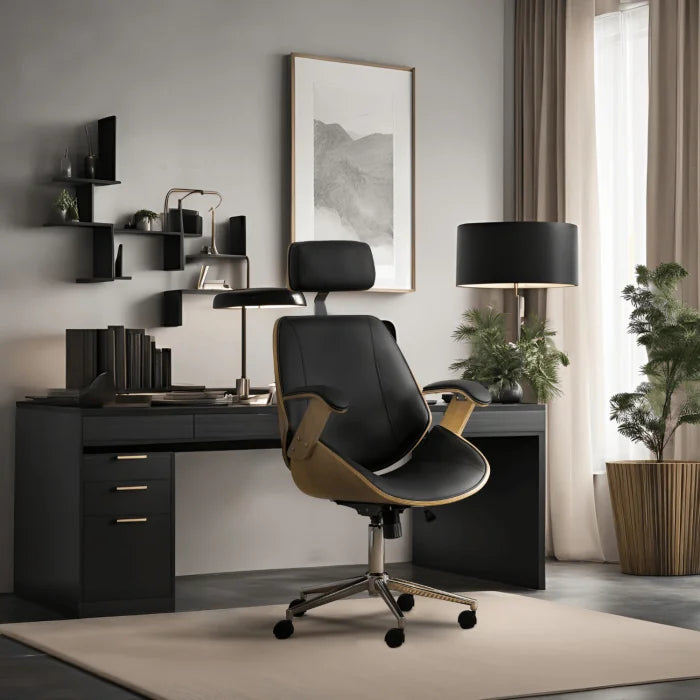 Elite FABIAN Tufted Executive Chair with Bentwood Frame – Golden Oak / Black Eco-Leather Loft Style