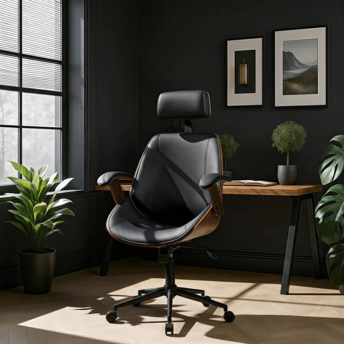 Elite FABIAN Tufted Executive Chair with Bentwood Frame – Walnut / Black Faux Leather Loft Style