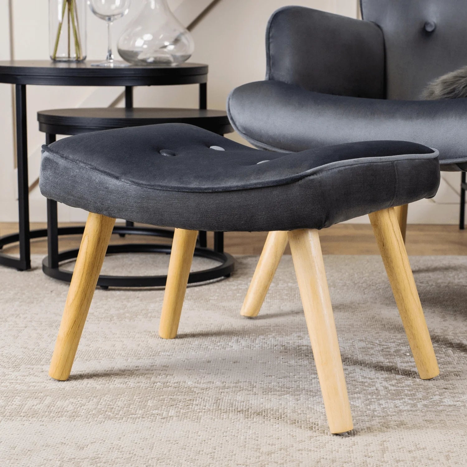 Elite LOZANO Grey Velvet Armchair with Footstool