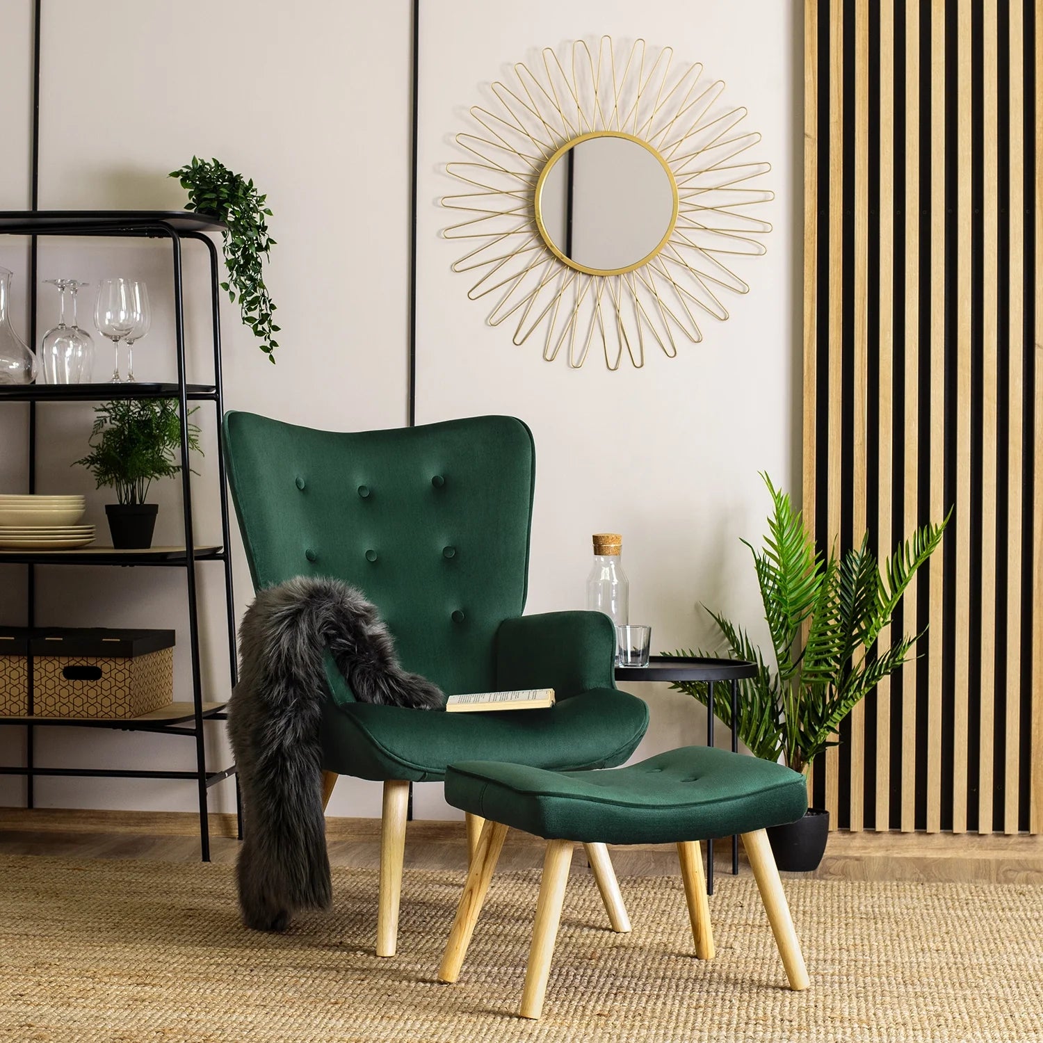Elite LOZANO Green Velvet Armchair with Footstool