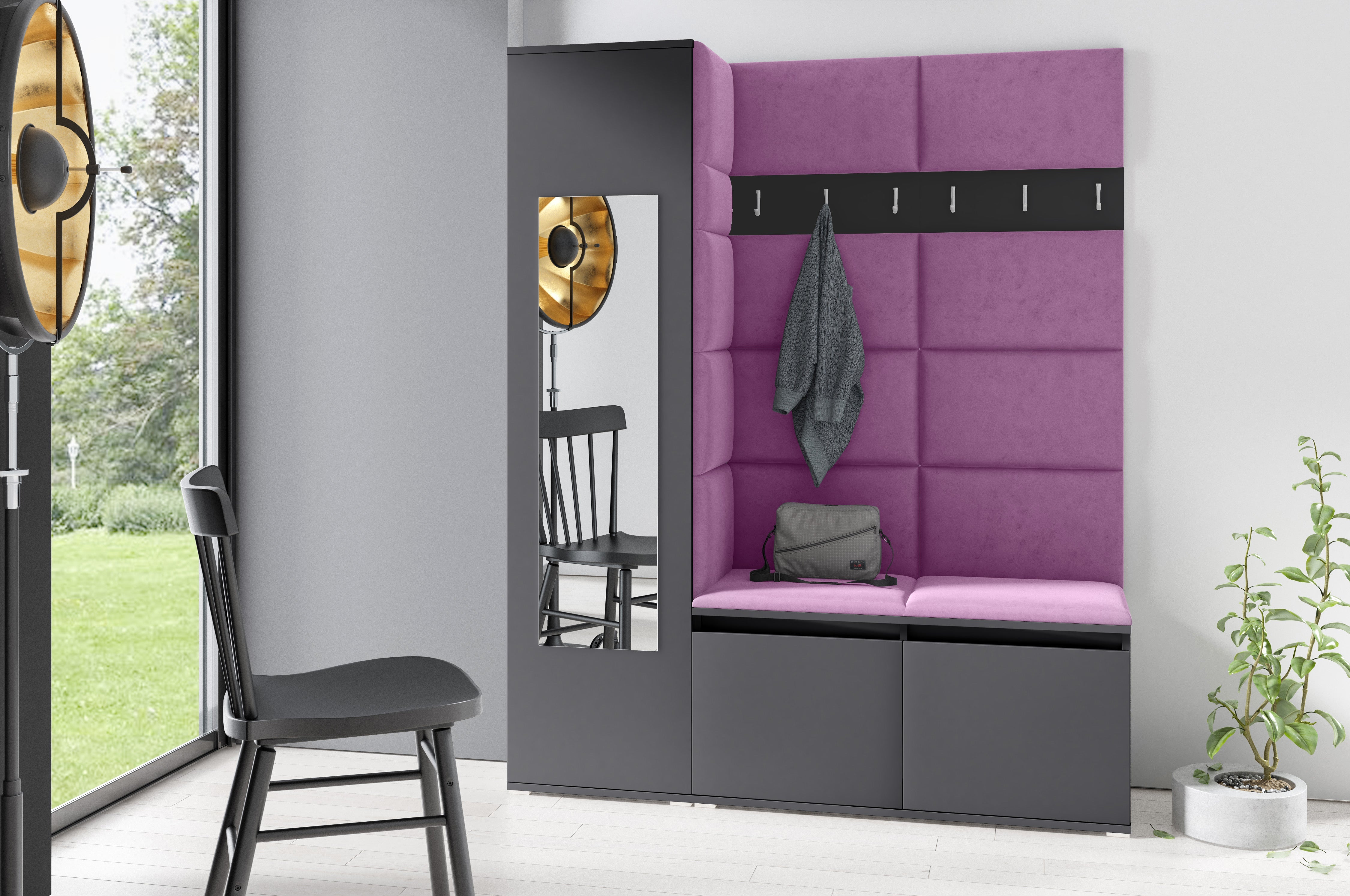 PK Emi 14 Hallway Wardrobe Graphite - Upholstered Panels in Various Colours