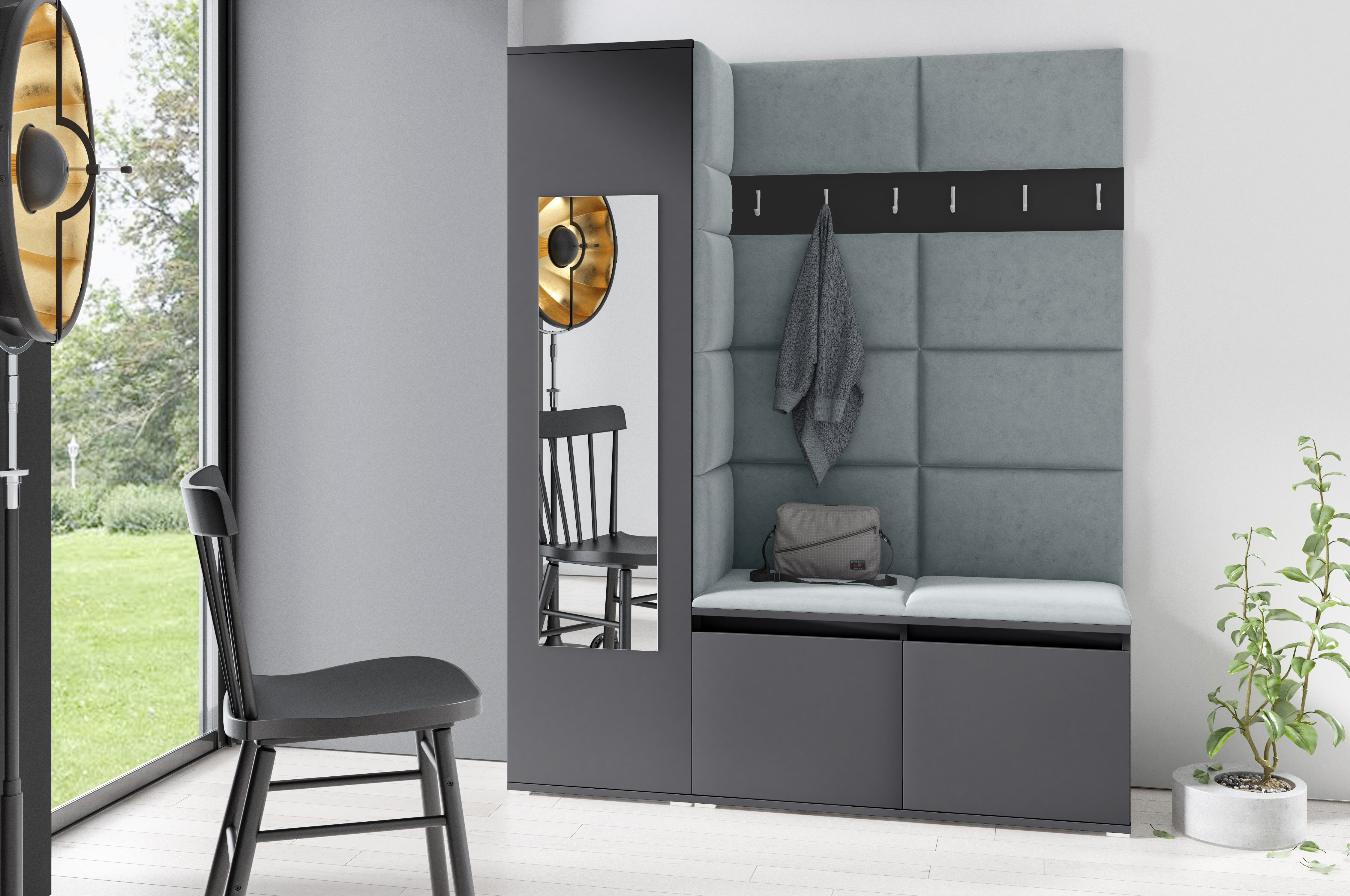 PK Emi 14 Hallway Wardrobe Graphite - Upholstered Panels in Various Colours