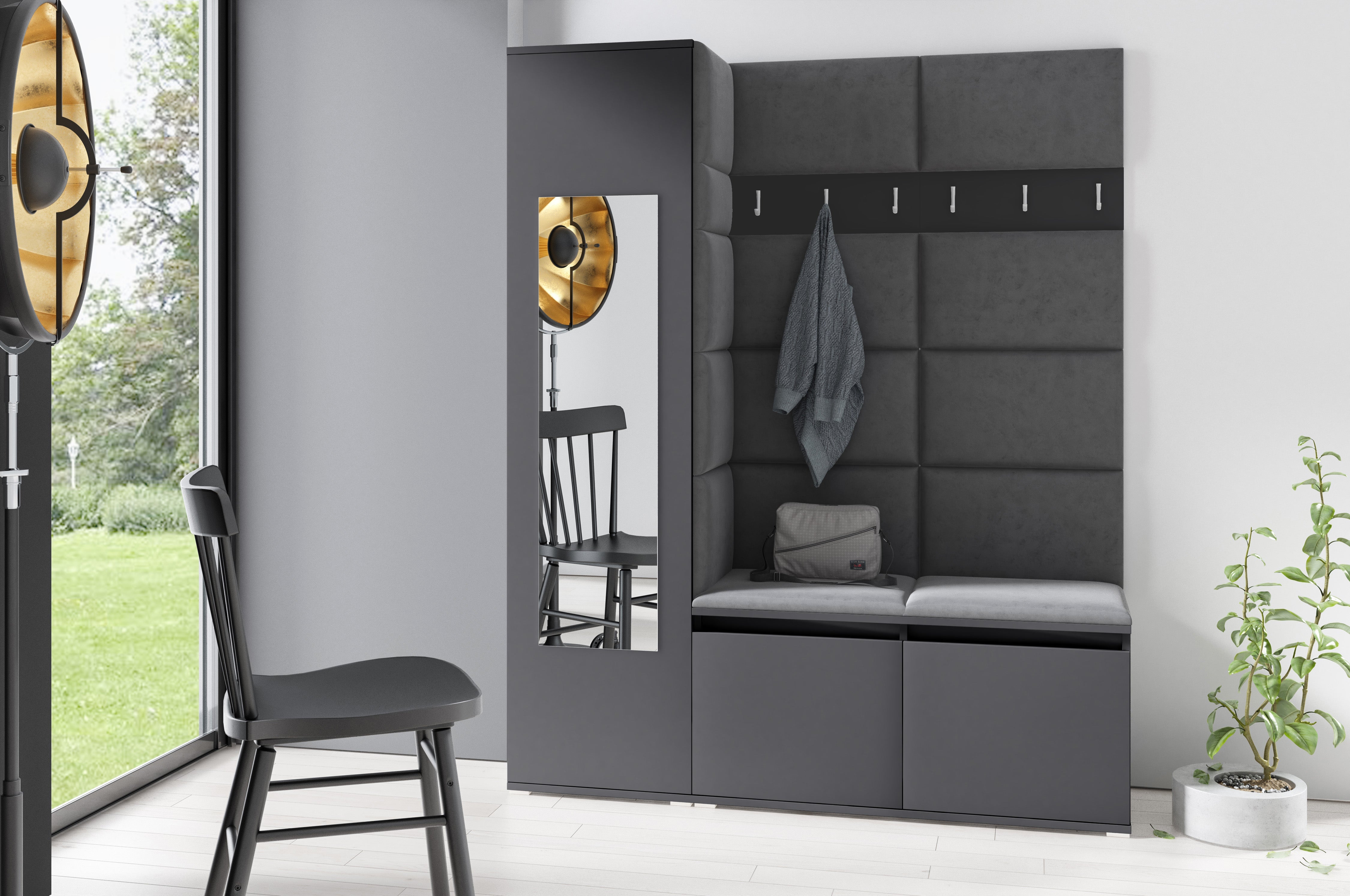 PK Emi 14 Hallway Wardrobe Graphite - Upholstered Panels in Various Colours