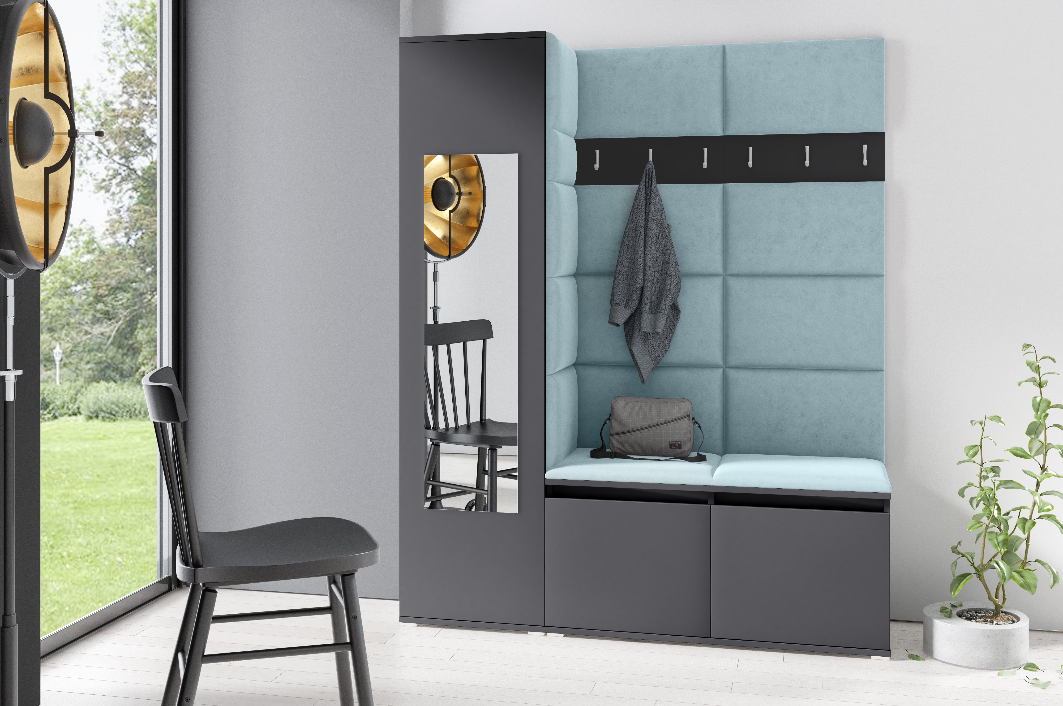 PK Emi 14 Hallway Wardrobe Graphite - Upholstered Panels in Various Colours