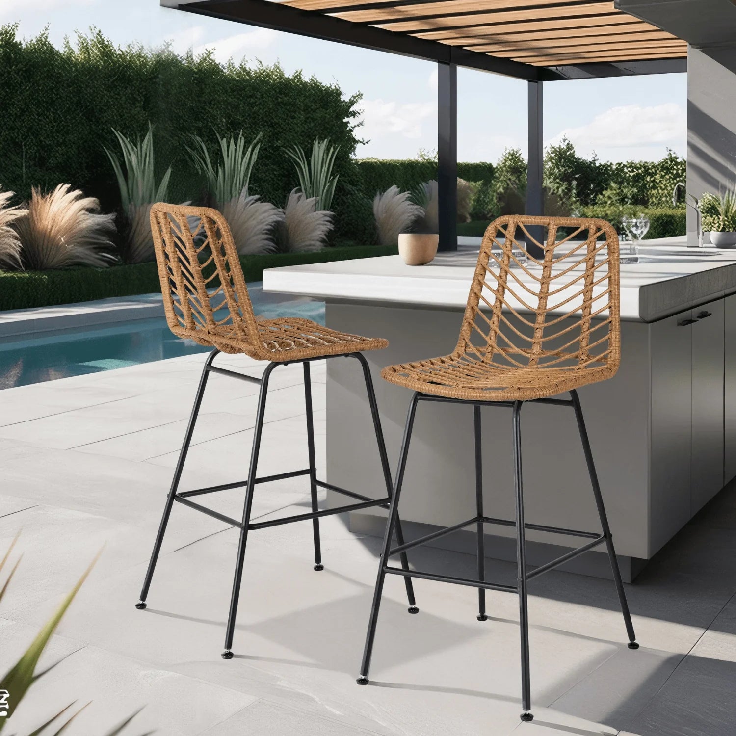 Elite JERRY Oak Shade Rattan Garden Bar Stool – Natural & Stylish
