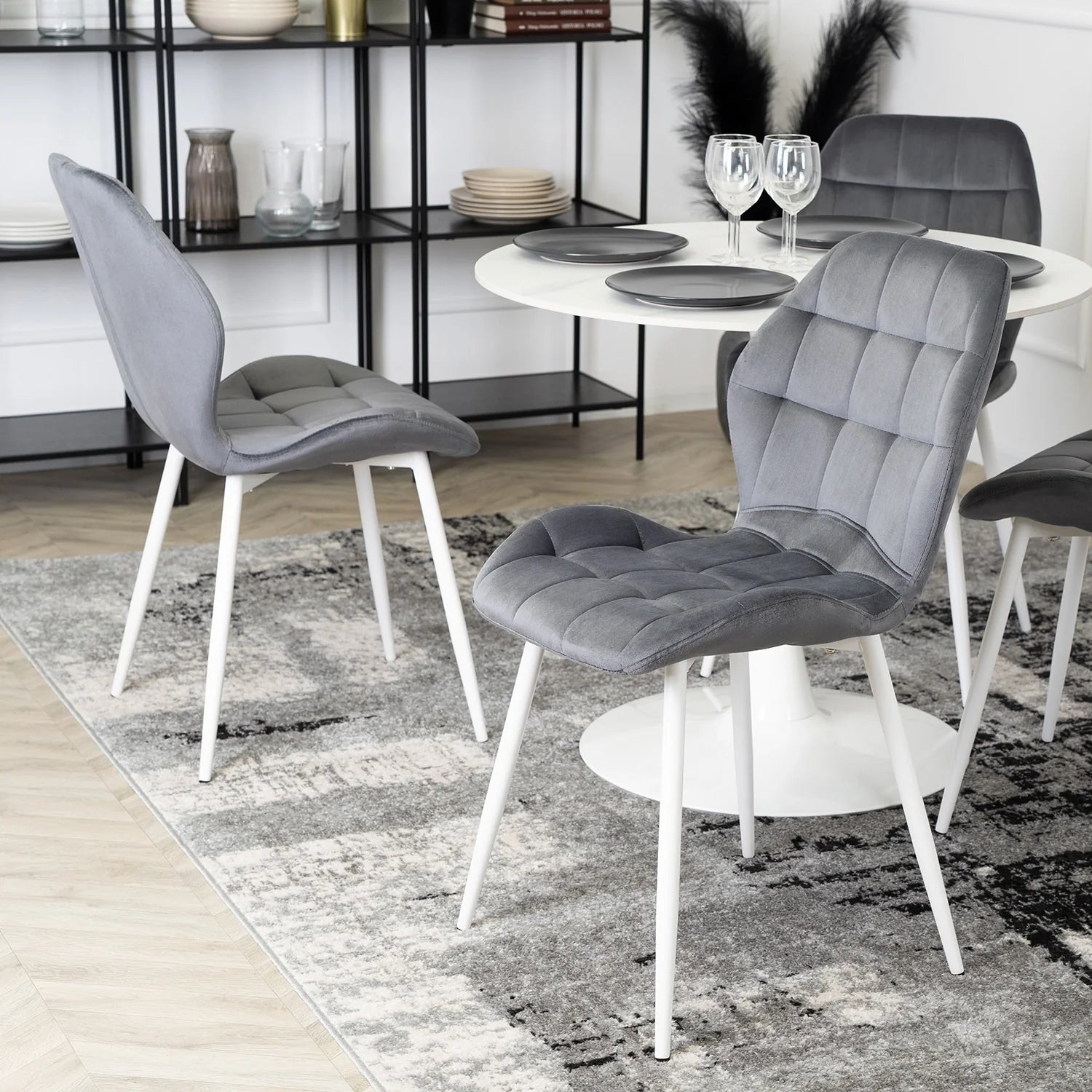 Elite LUCKY Grey Velvet Chair with White Legs – Modern Elegance for Your Space