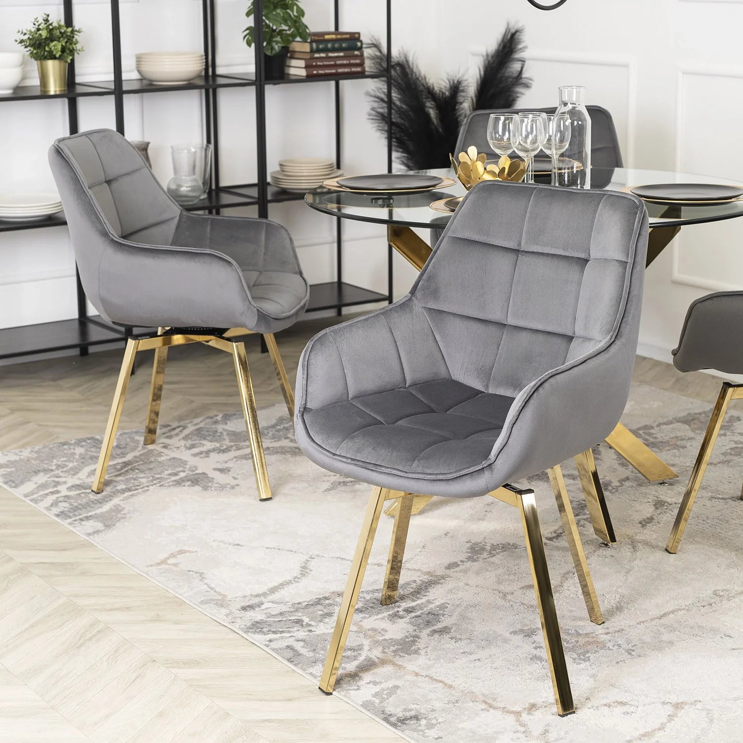 Elite MIA Swivel Velvet Chair – Chic Gray & Gold Design