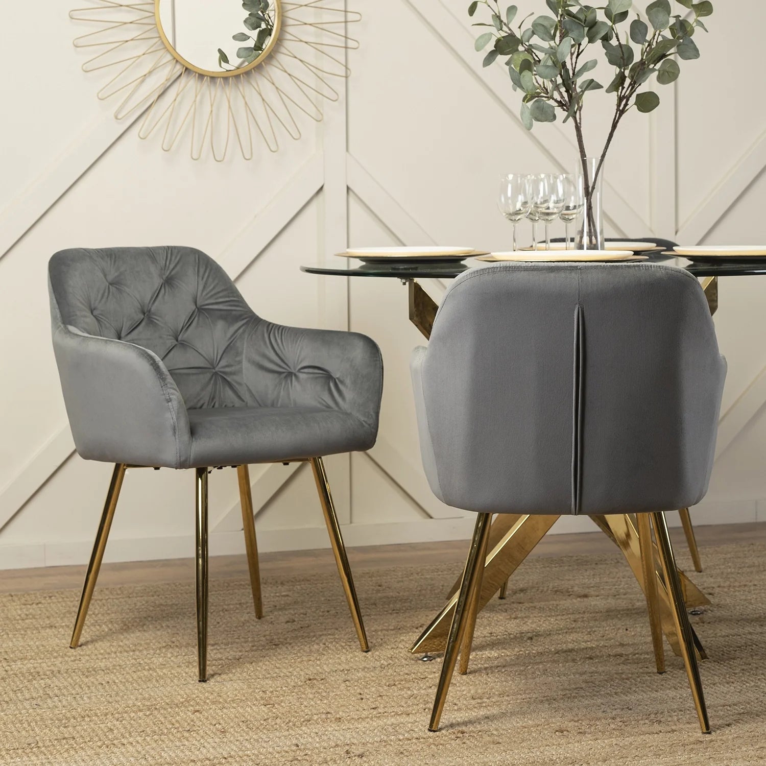 Elite RAYA Grauer Samtstuhl – Eleganz trifft Komfort