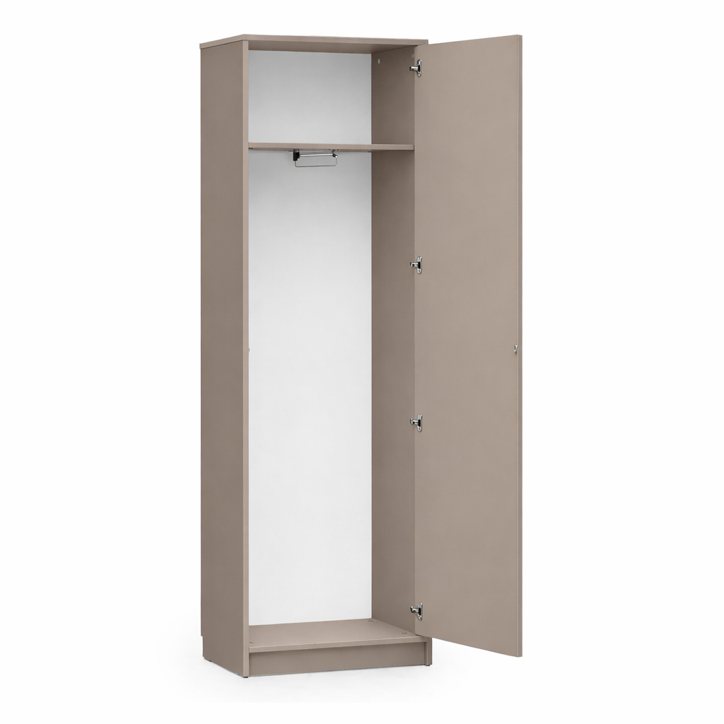 Einfacher Kleiderschrank mit Kleiderstange und Ablage.