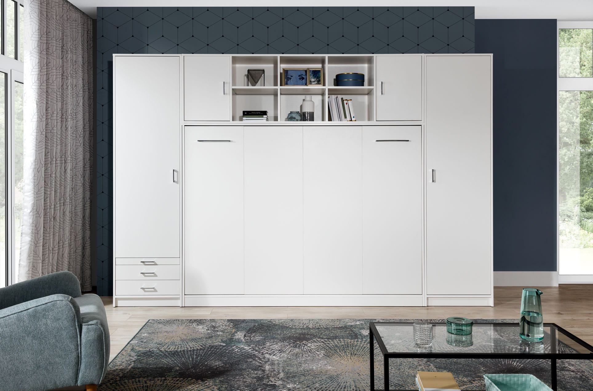 Individualisierbares Schrankbett Basic Horizontal Möbelset Weiß Glanz 90, 120, 140 x 200 cm