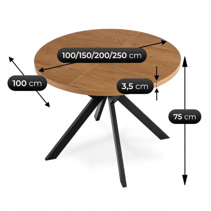 Elite LUKAS Round Extendable Dining Table 100–250 cm Golden Oak Modern Loft