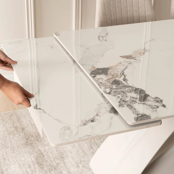 Elite LUIGI Extendable Rectangular Dining Table 160–240 cm, Modern Ceramic White Marble/Cashmere