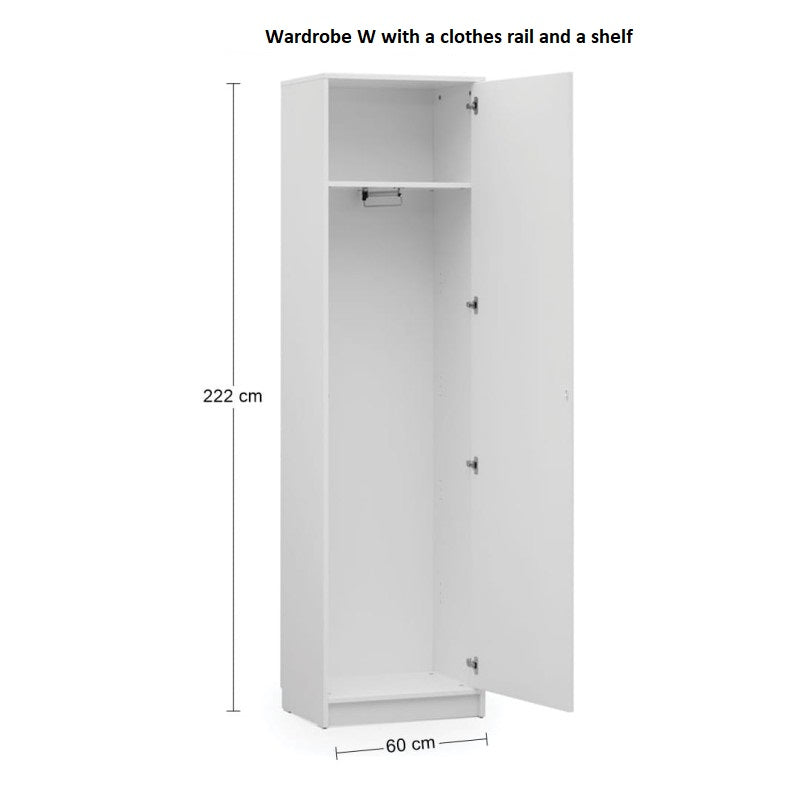 Einfacher Kleiderschrank mit Kleiderstange und Ablage.
