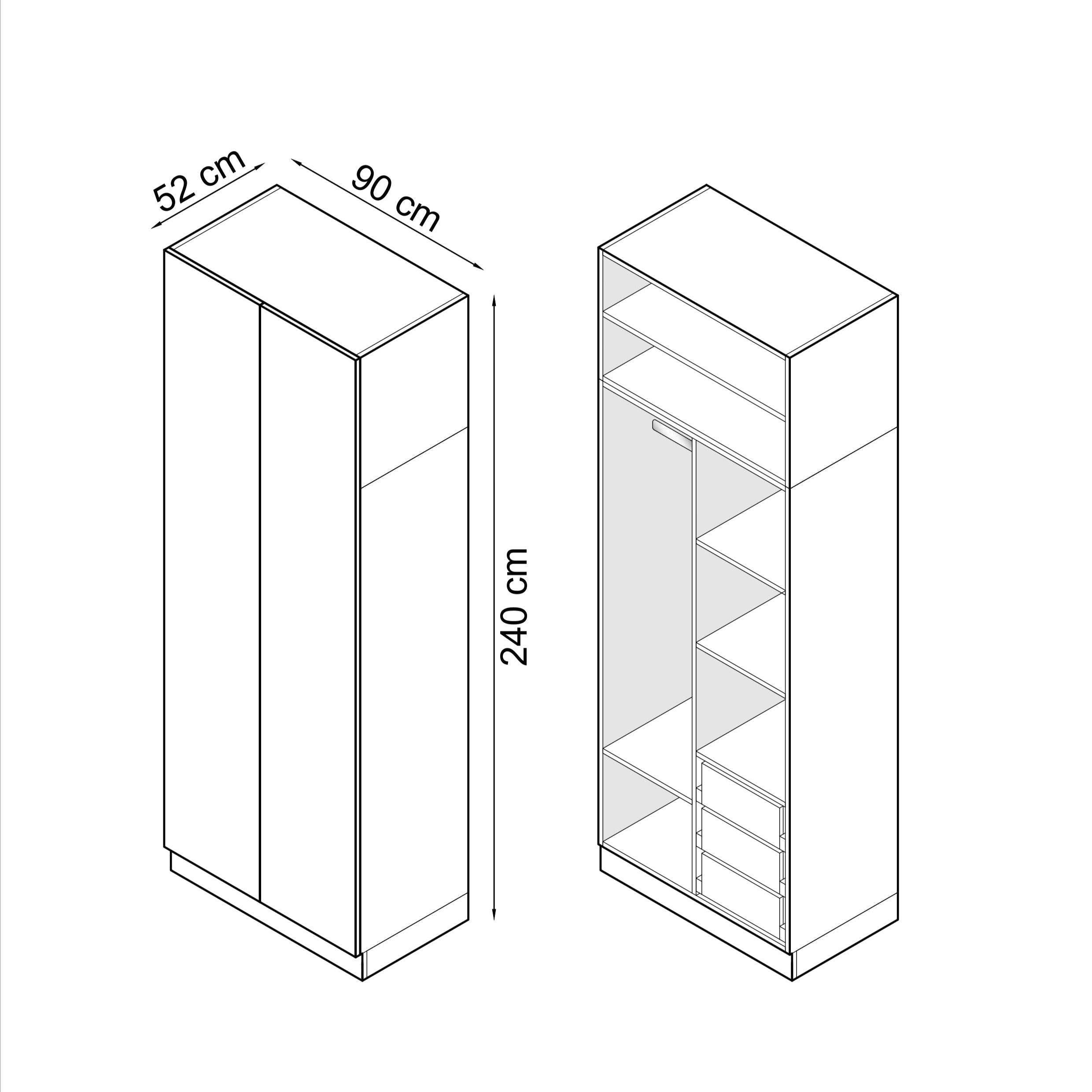 SLEEP VARIA 2-türiger Kleiderschrank 90 cm mit Einlegeböden, Schubladen und Stange – Eiche geölt/Weißglanz