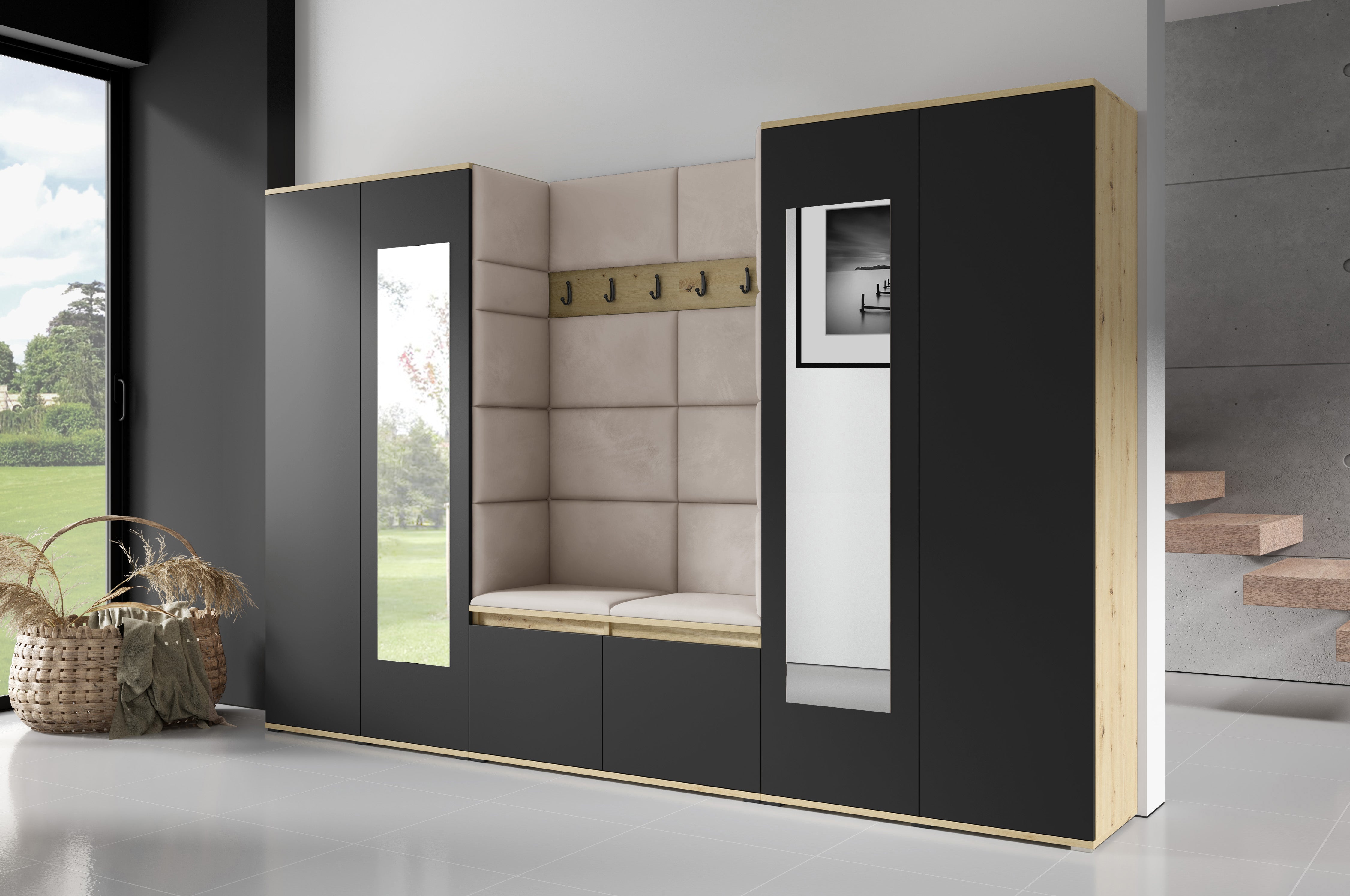 PK Flurgarderobe Emi 10 Artisan Eiche/Schwarz - Polsterpaneele in verschiedenen Farben