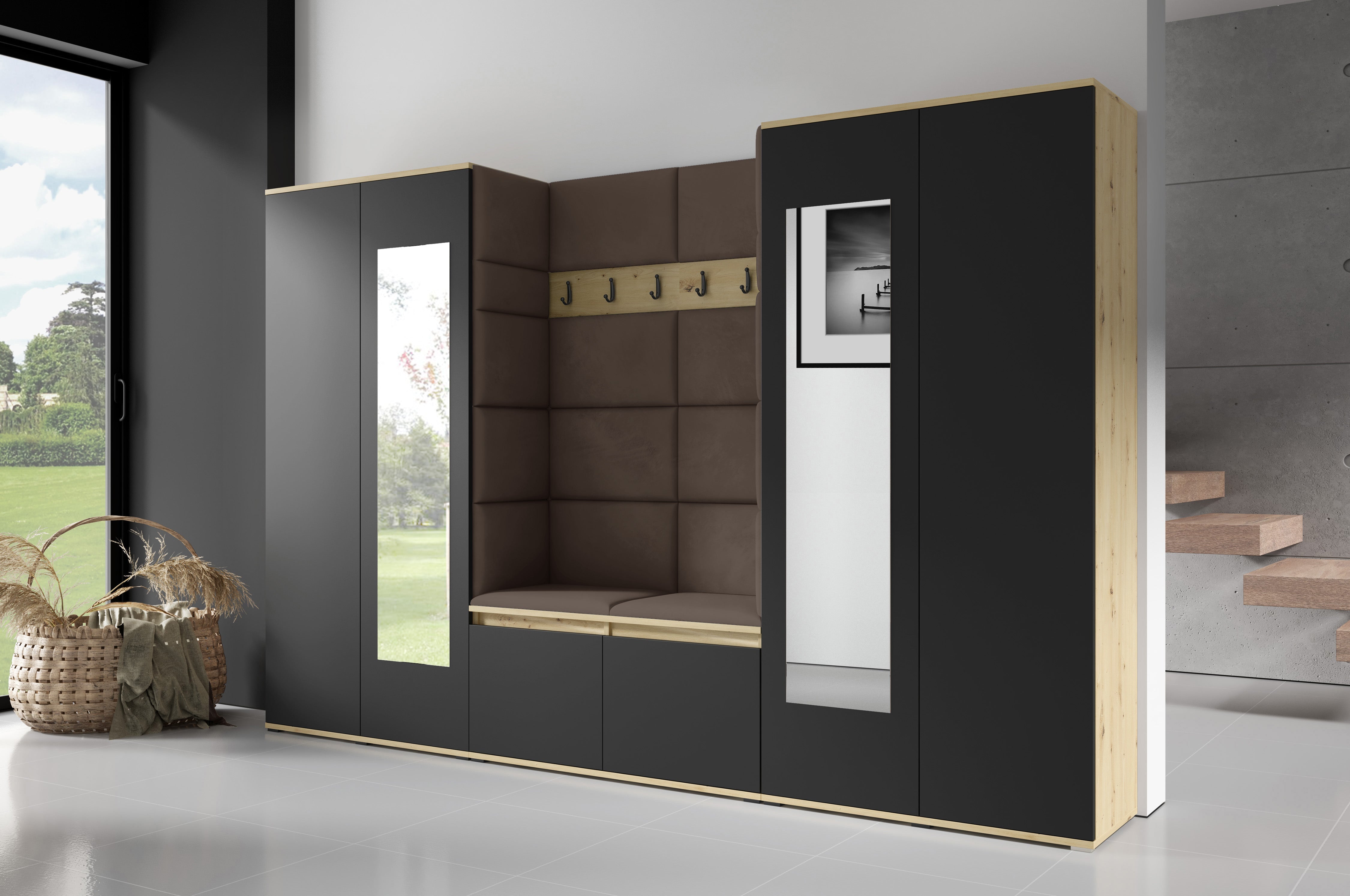 PK Flurgarderobe Emi 10 Artisan Eiche/Schwarz - Polsterpaneele in verschiedenen Farben