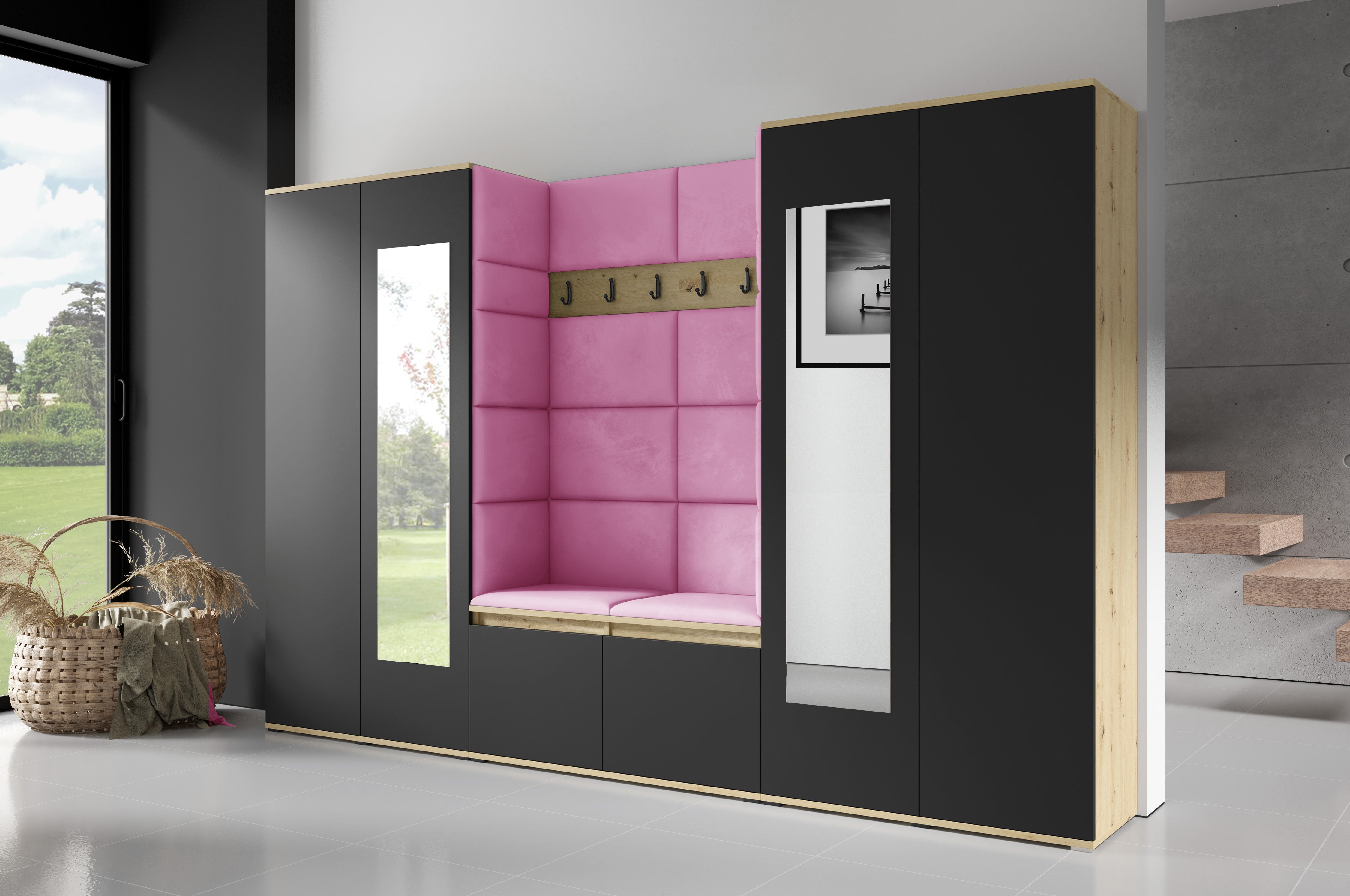 PK Flurgarderobe Emi 10 Artisan Eiche/Schwarz - Polsterpaneele in verschiedenen Farben