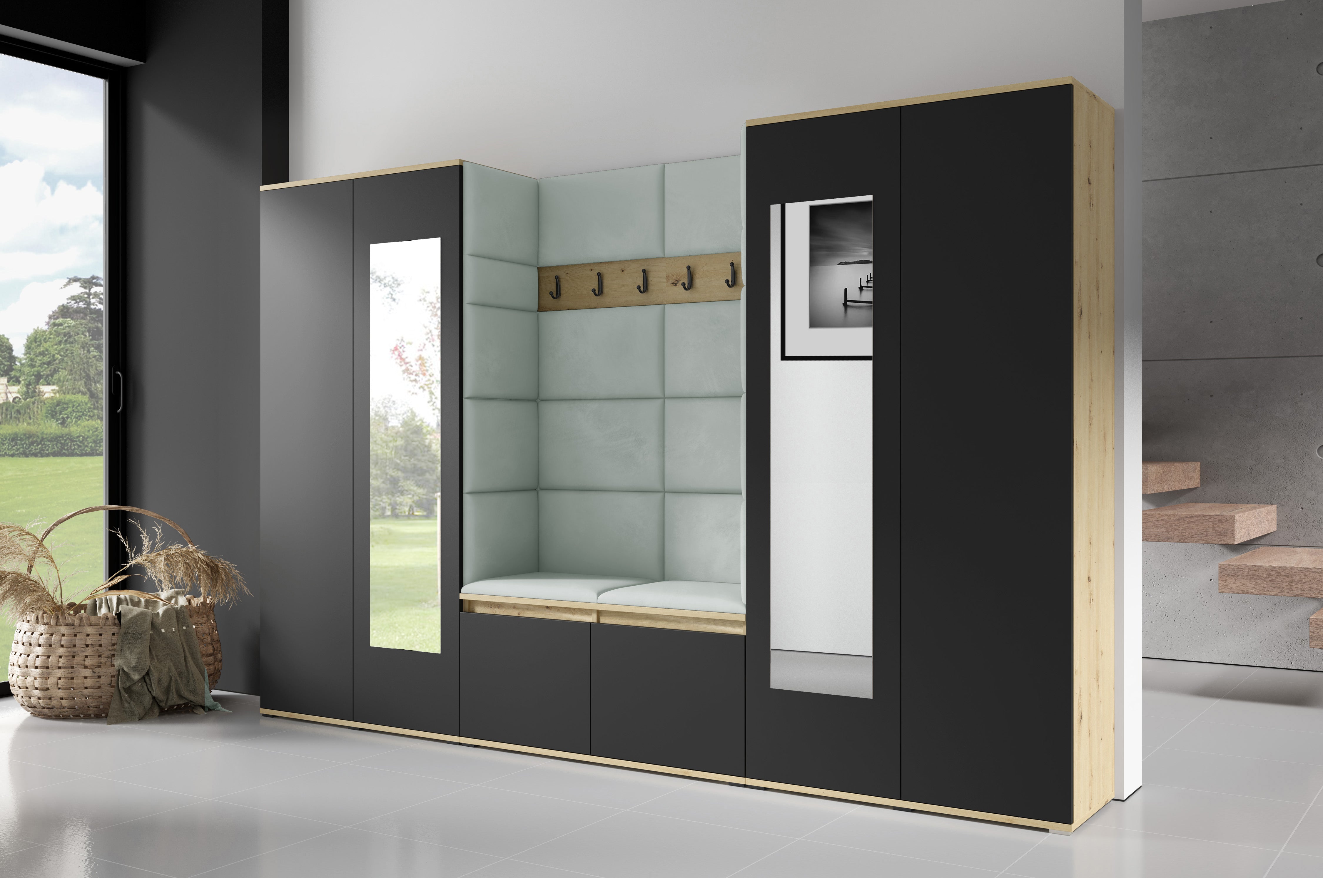 PK Flurgarderobe Emi 10 Artisan Eiche/Schwarz - Polsterpaneele in verschiedenen Farben