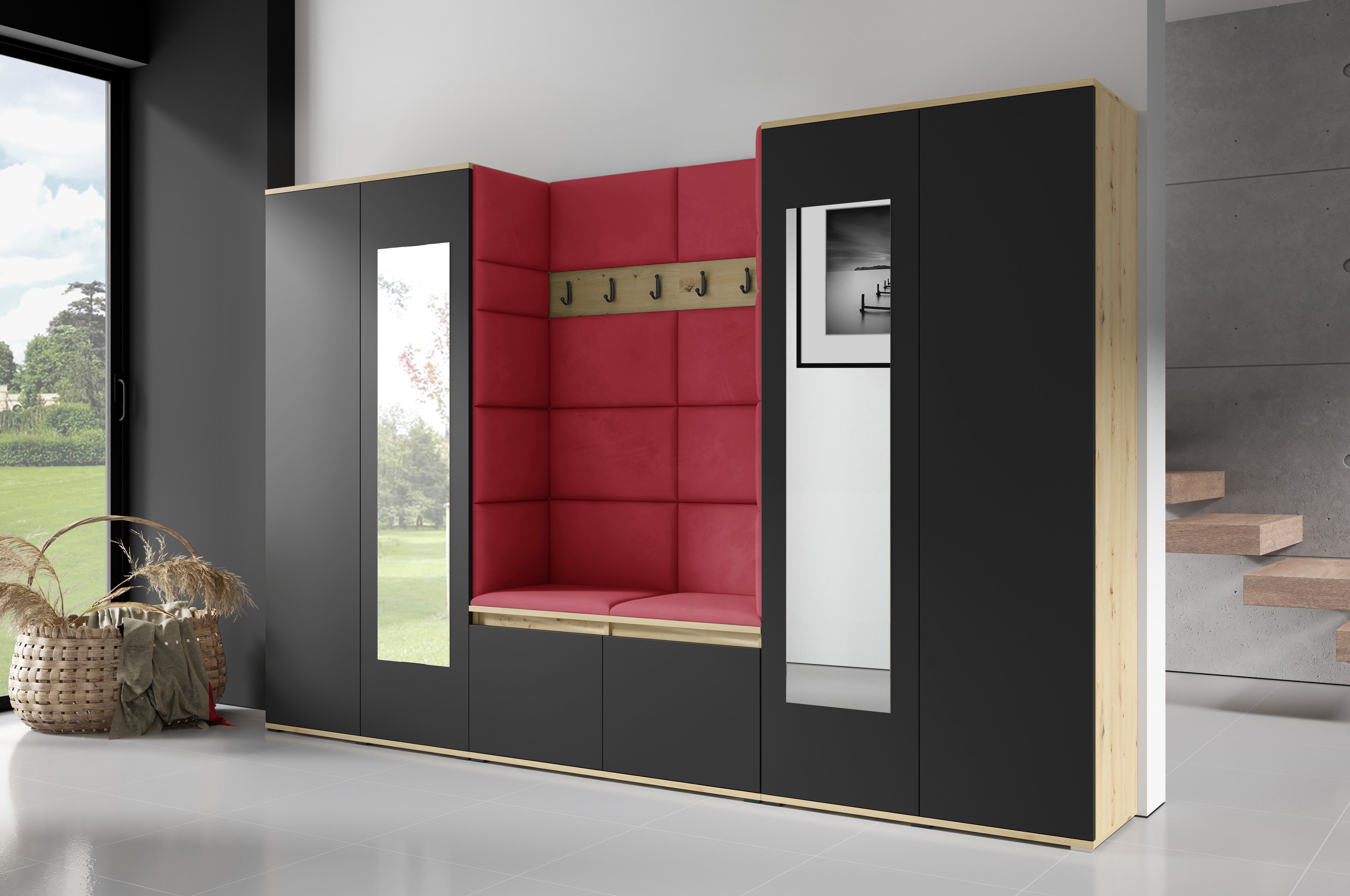 PK Flurgarderobe Emi 10 Artisan Eiche/Schwarz - Polsterpaneele in verschiedenen Farben