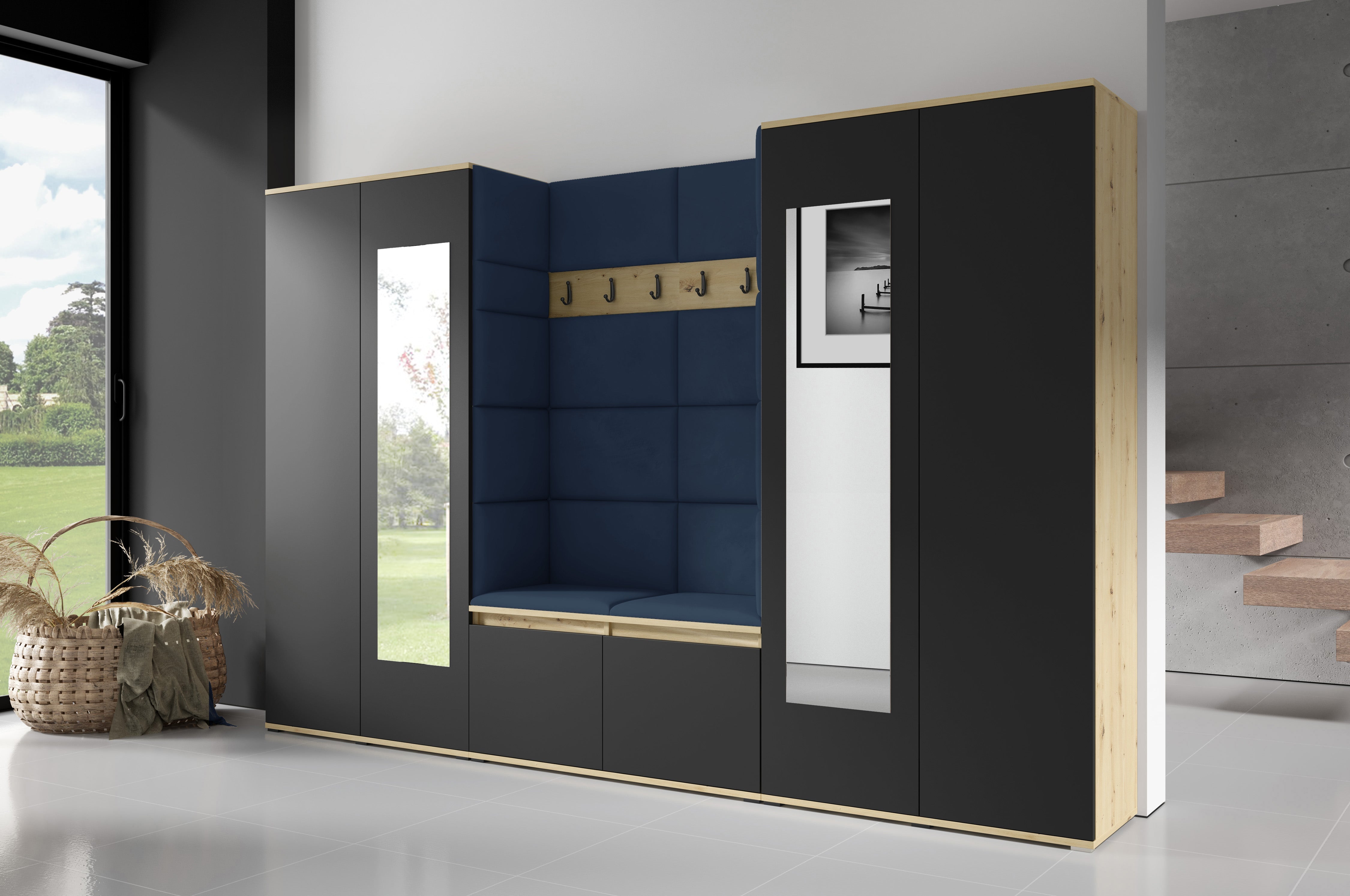 PK Flurgarderobe Emi 10 Artisan Eiche/Schwarz - Polsterpaneele in verschiedenen Farben