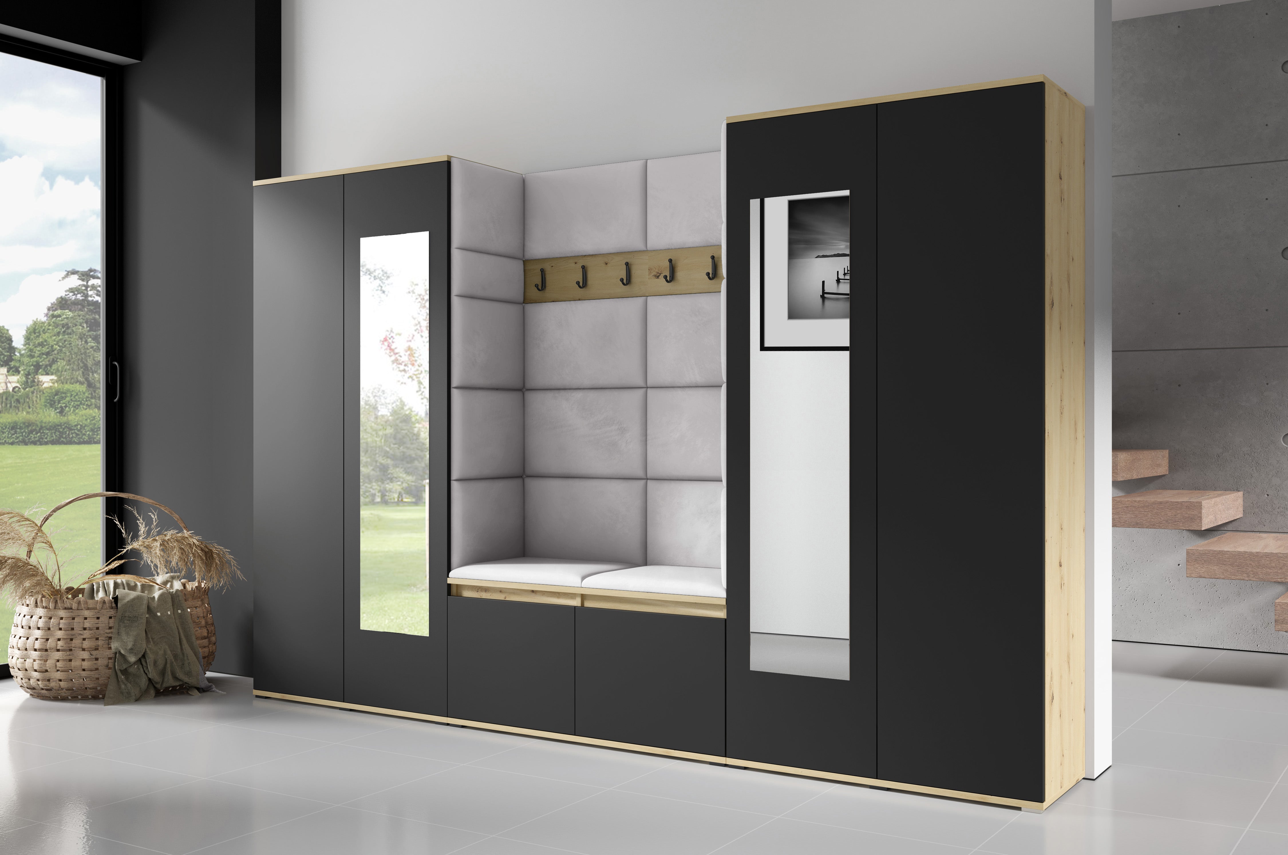 PK Flurgarderobe Emi 10 Artisan Eiche/Schwarz - Polsterpaneele in verschiedenen Farben