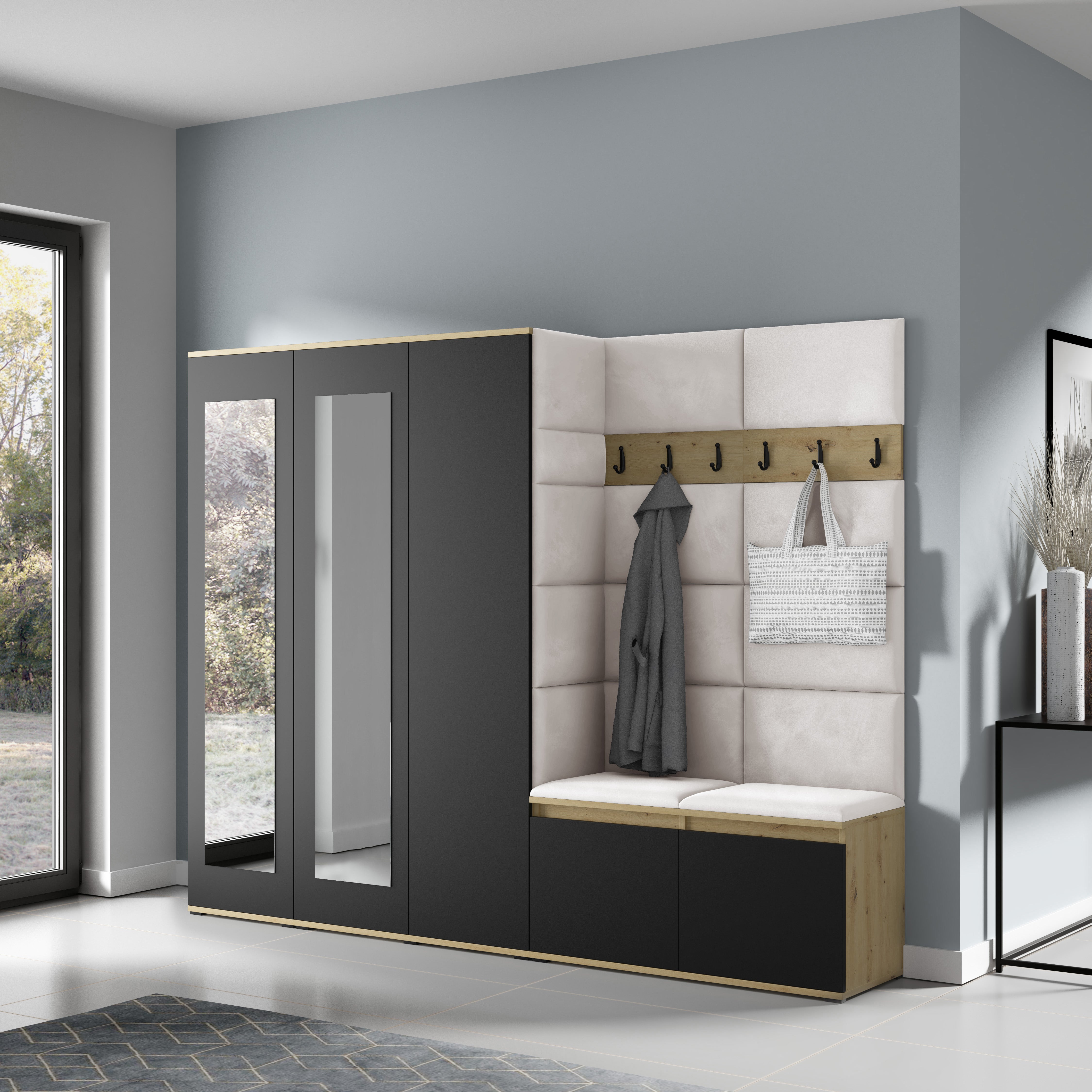 PK Emi 15 Hallway Wardrobe Artisan Oak / Black - Upholstered Panels in Various Colours