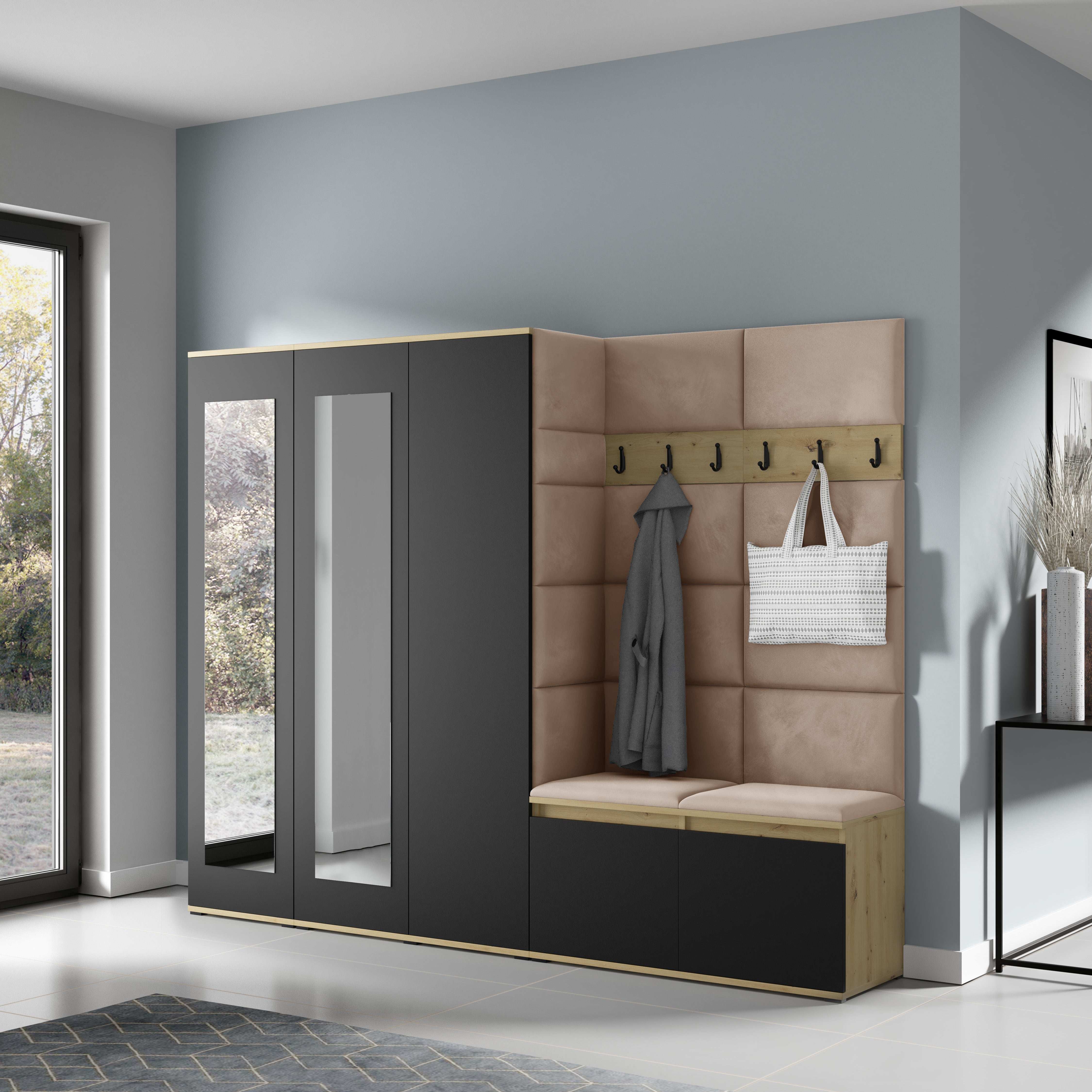 PK Emi 15 Hallway Wardrobe Artisan Oak / Black - Upholstered Panels in Various Colours