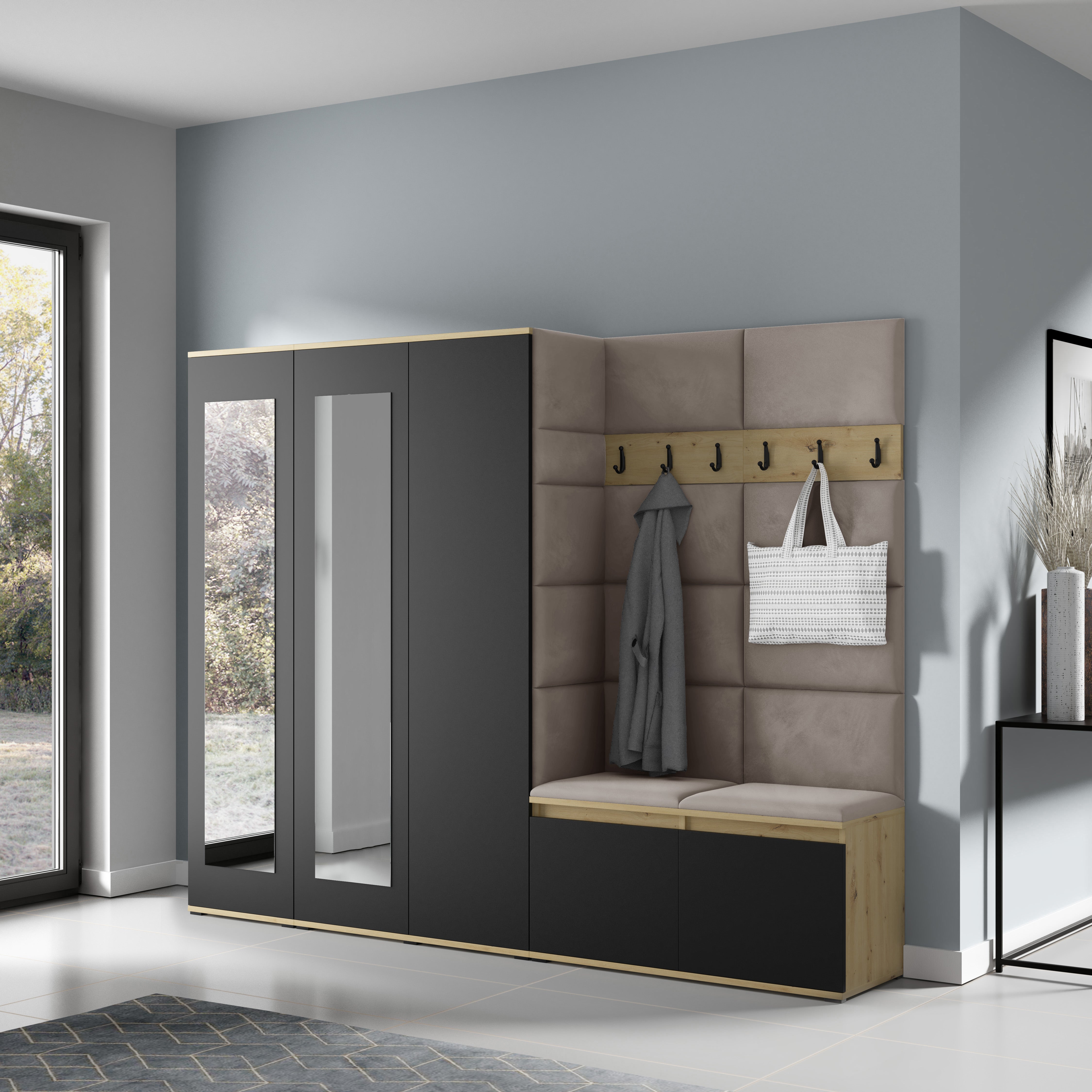 PK Emi 15 Hallway Wardrobe Artisan Oak / Black - Upholstered Panels in Various Colours