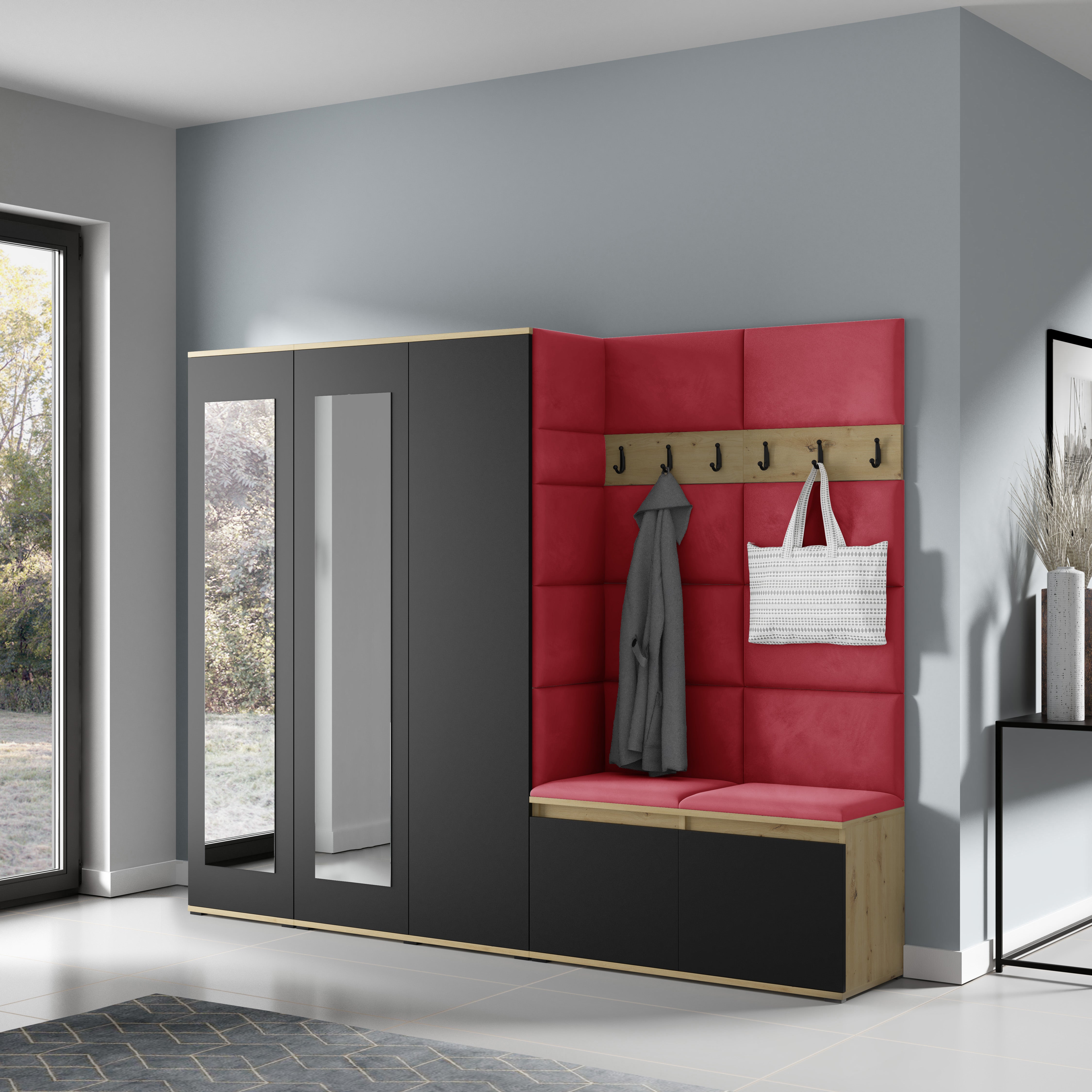 PK Emi 15 Hallway Wardrobe Artisan Oak / Black - Upholstered Panels in Various Colours