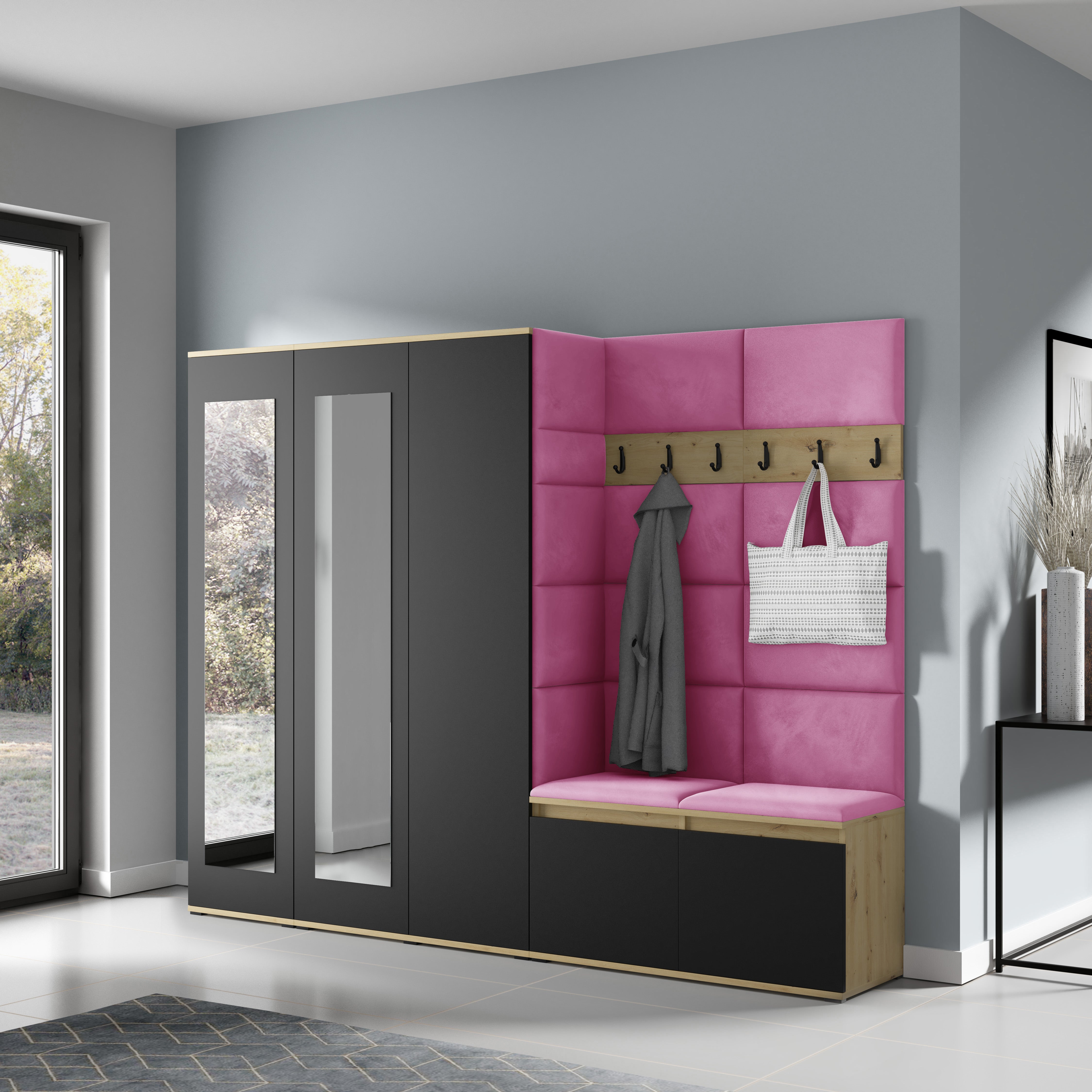 PK Emi 15 Hallway Wardrobe Artisan Oak / Black - Upholstered Panels in Various Colours