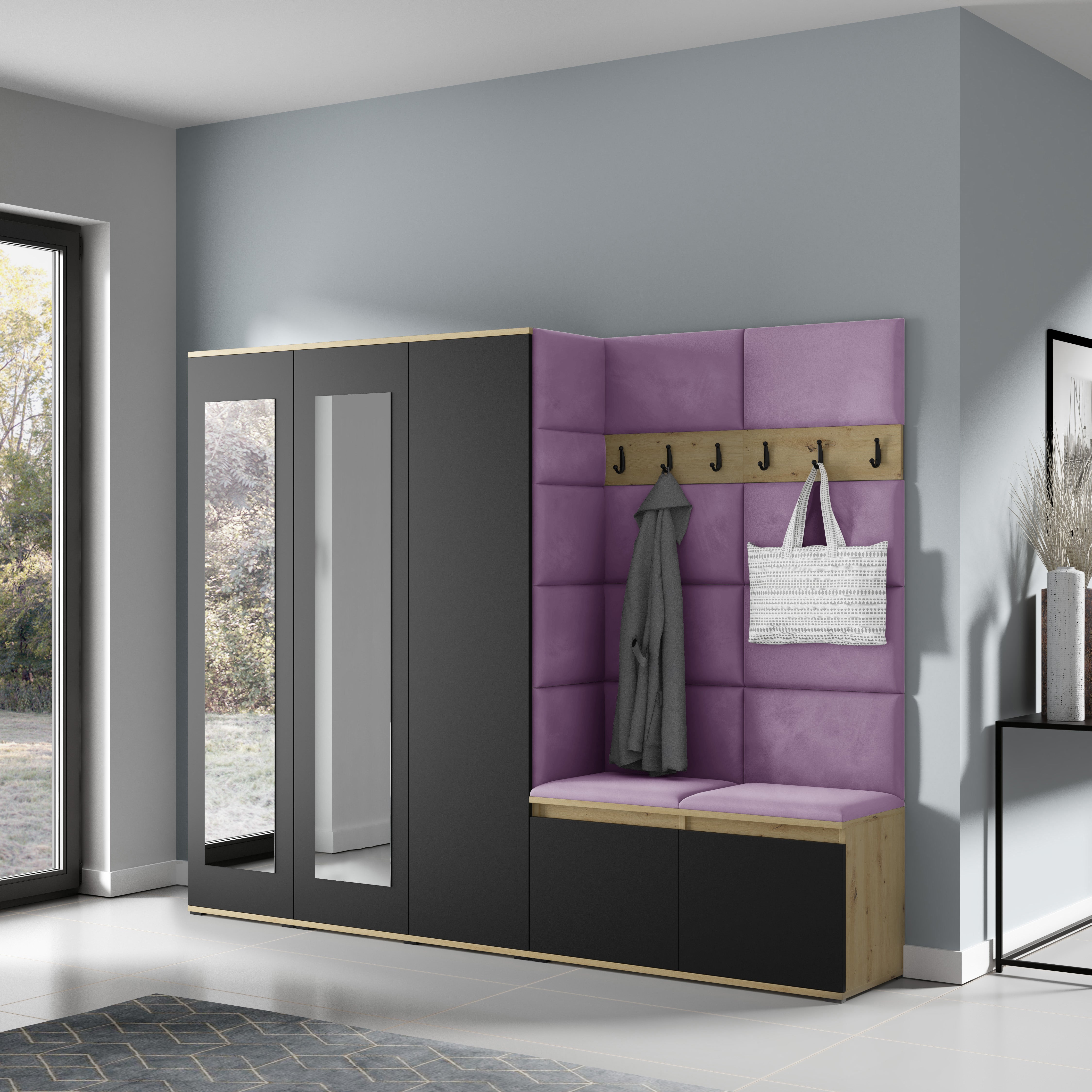 PK Emi 15 Hallway Wardrobe Artisan Oak / Black - Upholstered Panels in Various Colours